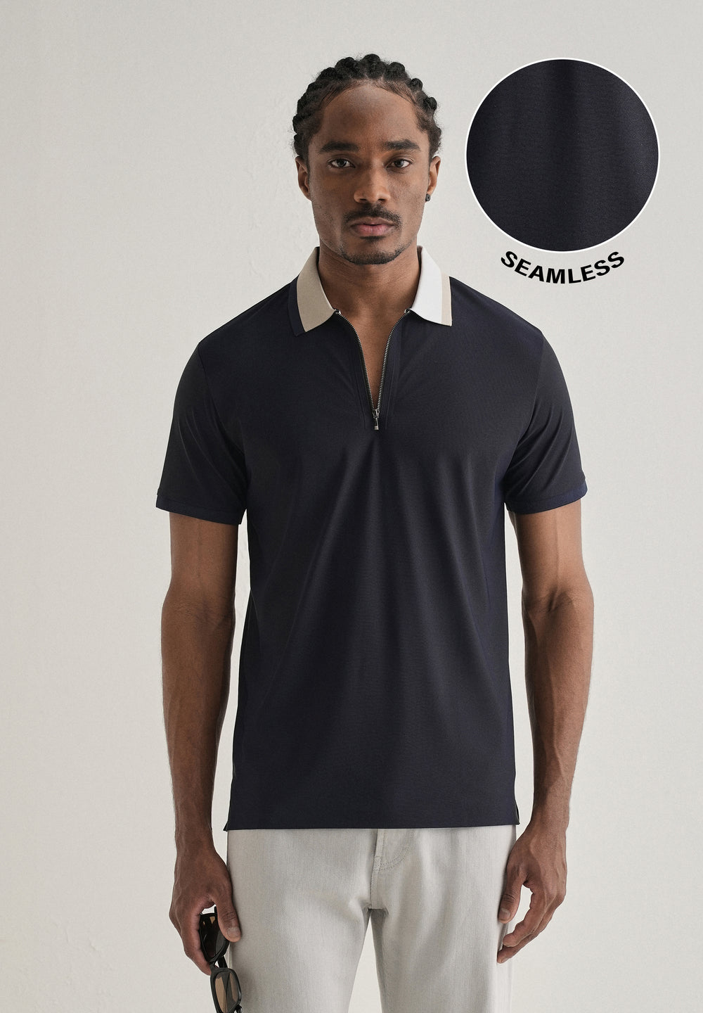 Navy Blue Zipper Polo Collar Seamless T-shirt