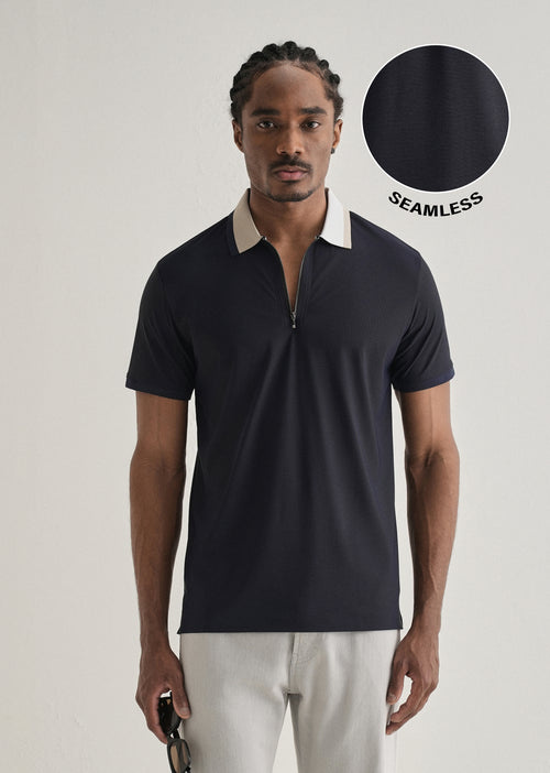 Navy Blue Zipper Polo Collar Seamless T-shirt