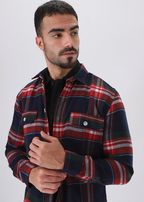 Navy Blue Brushed Cotton Check Shirt