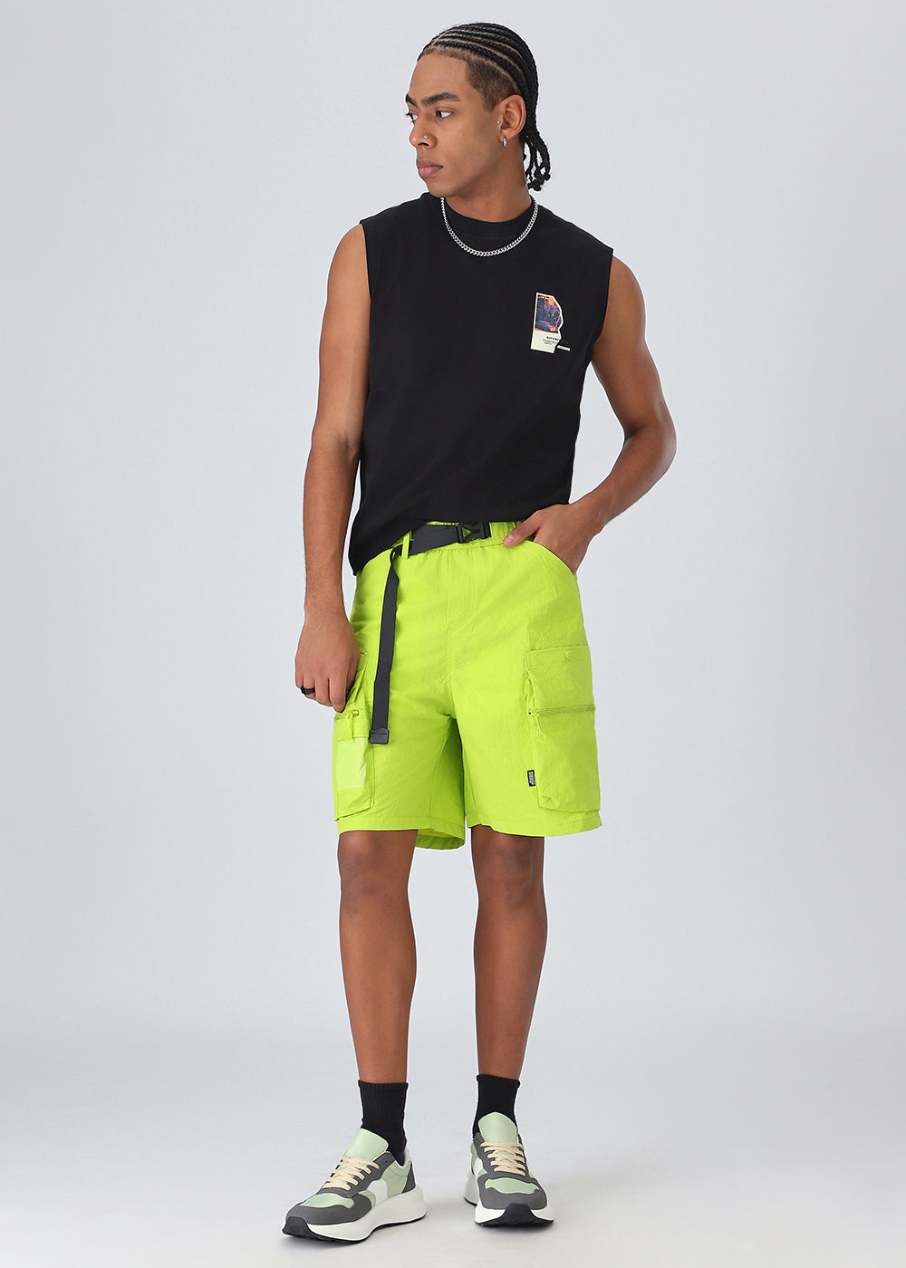 Neon Buckle Belt Cargo Shorts