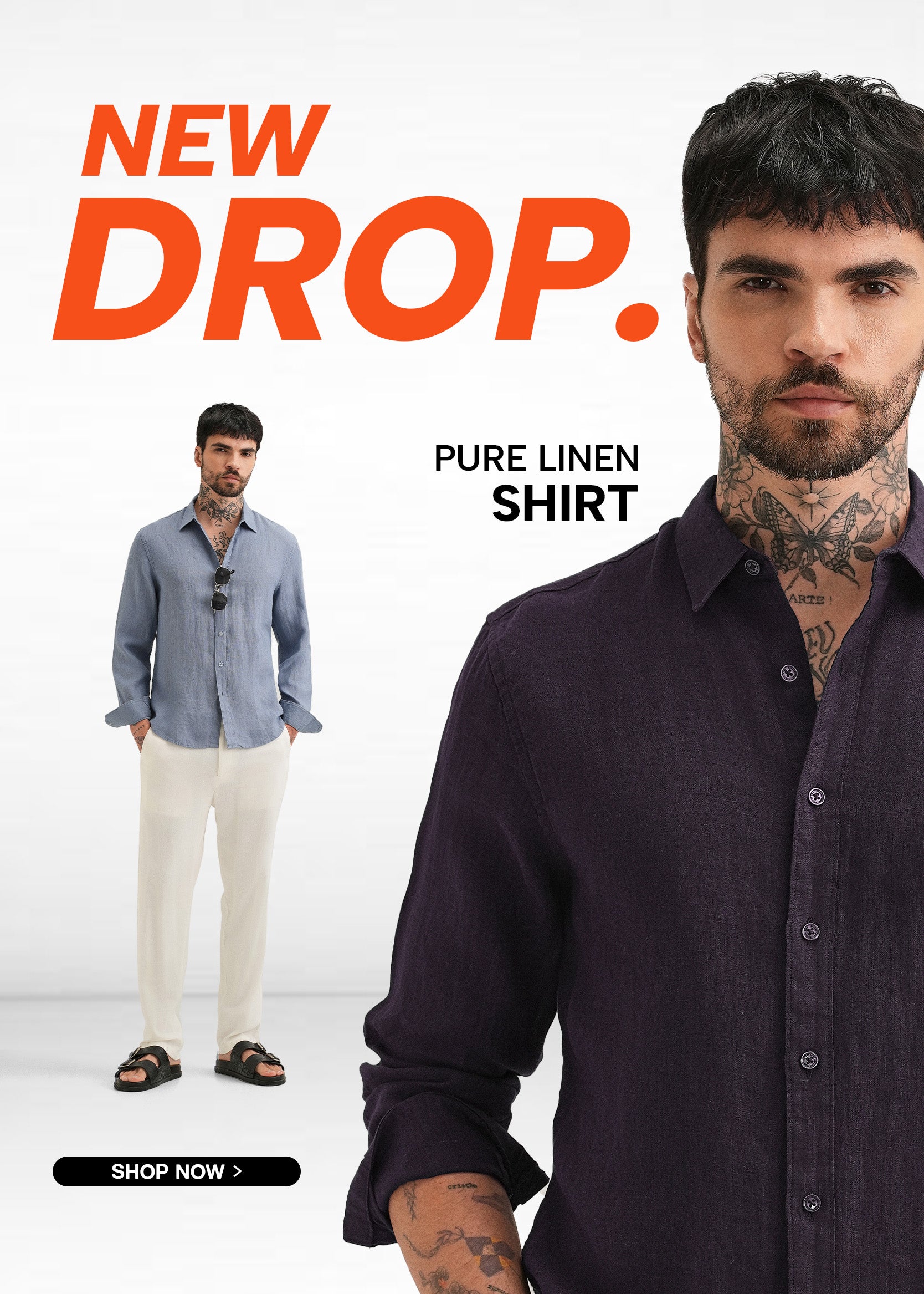 Advertisement for a pure linen shirt with two models wearing the shirt on a white background.