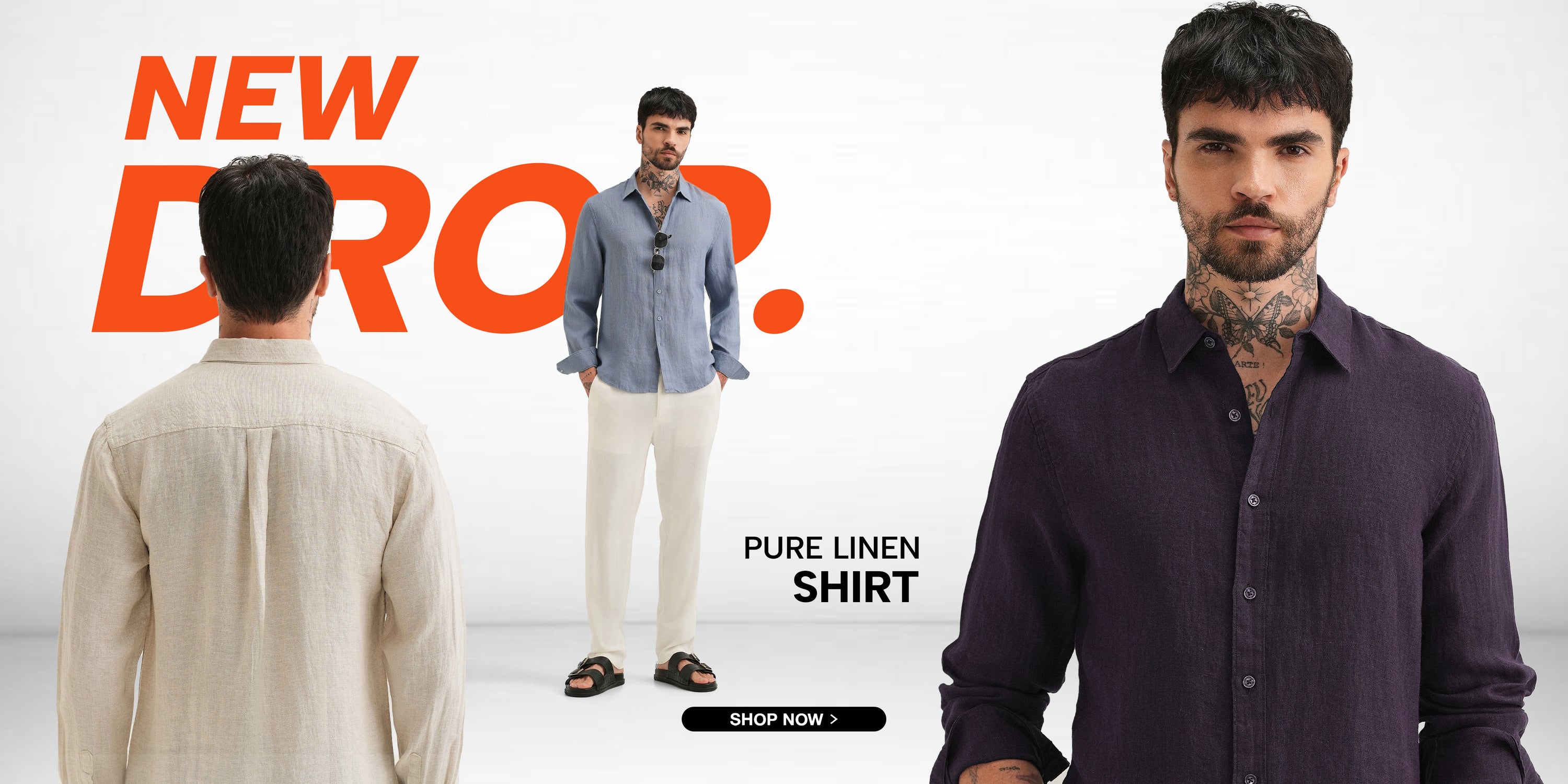 Promotional image of men wearing shirts with text about a new drop of pure linen shirts.