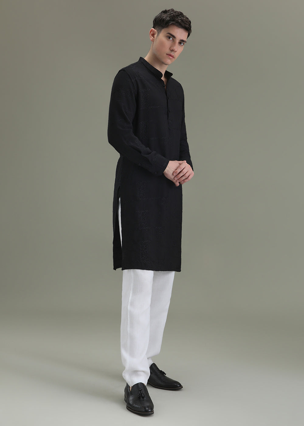 Night Black Self Embroidered Kurta