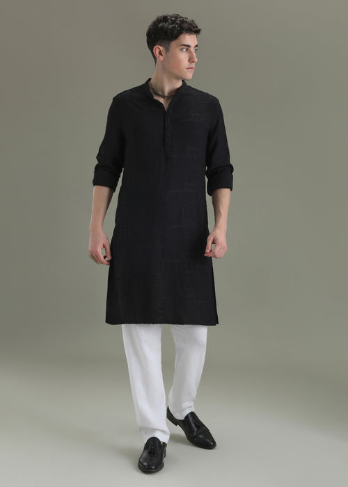 Night Black Self Embroidered Kurta