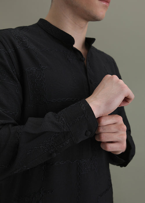 Night Black Self Embroidered Kurta