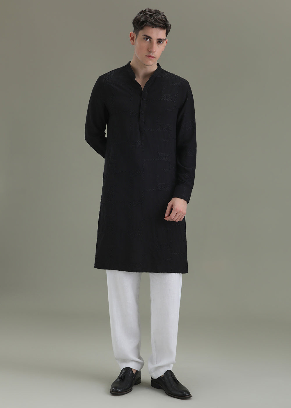 Night Black Self Embroidered Kurta