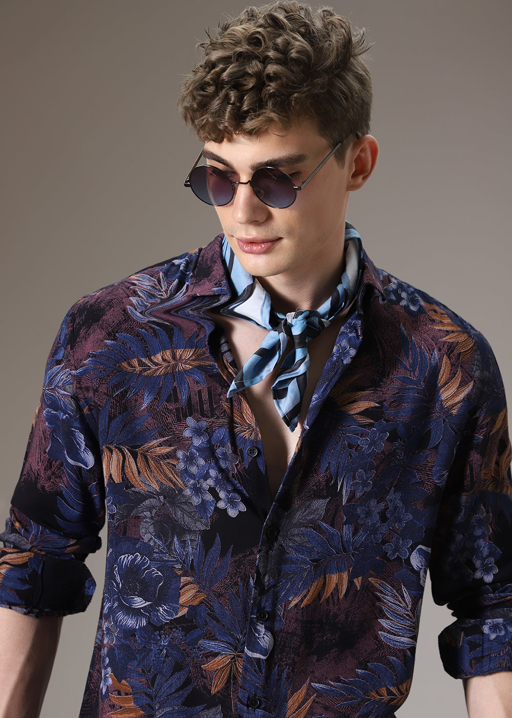 Night Blue Floral Feather Shirt