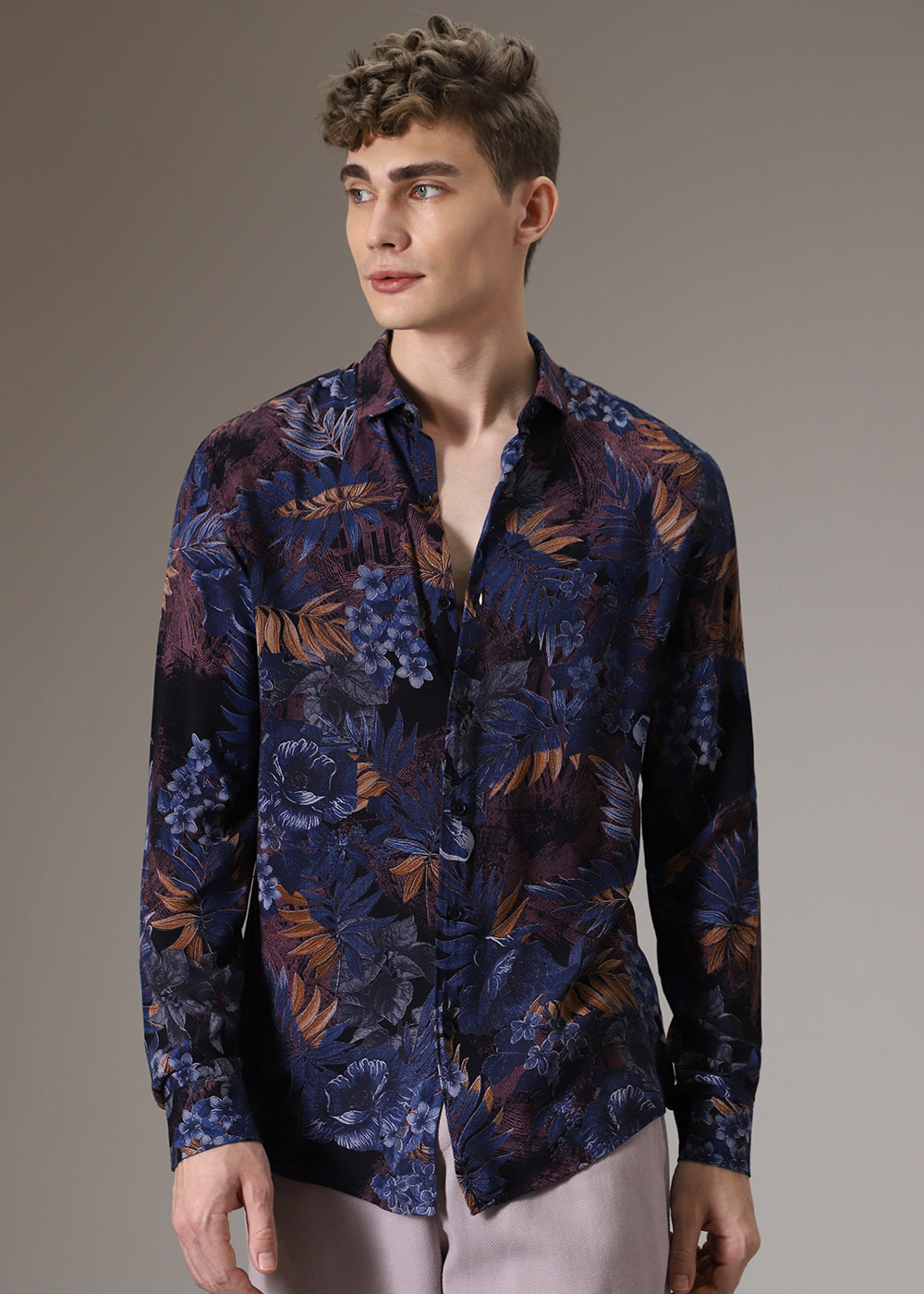Night Blue Floral Feather Shirt