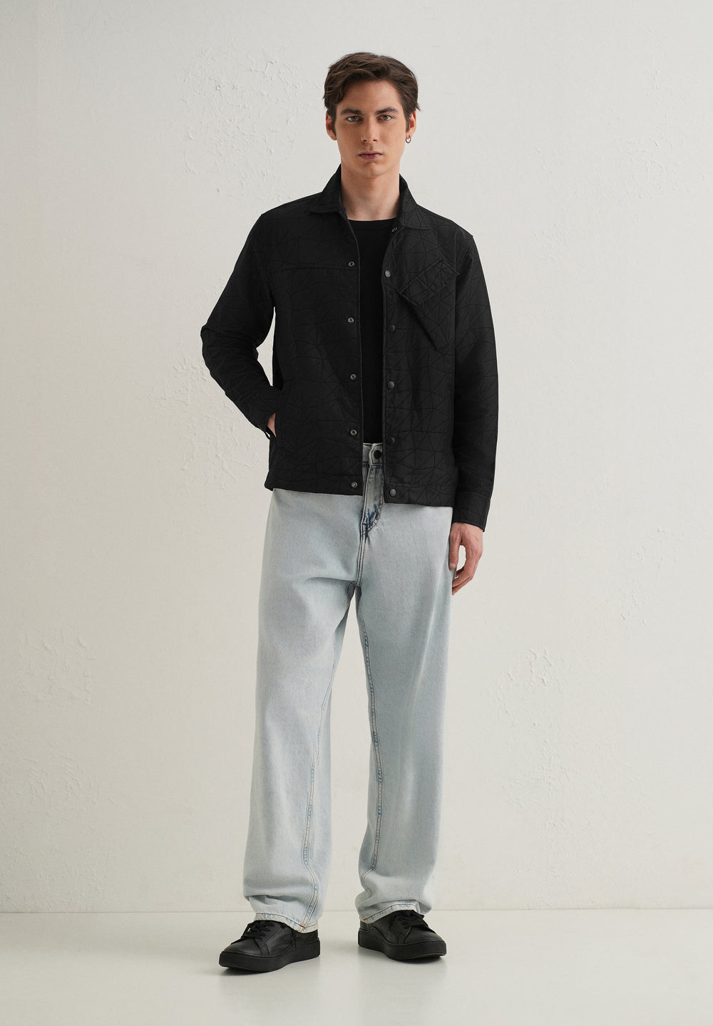 Noir Black Cross Pocket Self Pattern Shacket