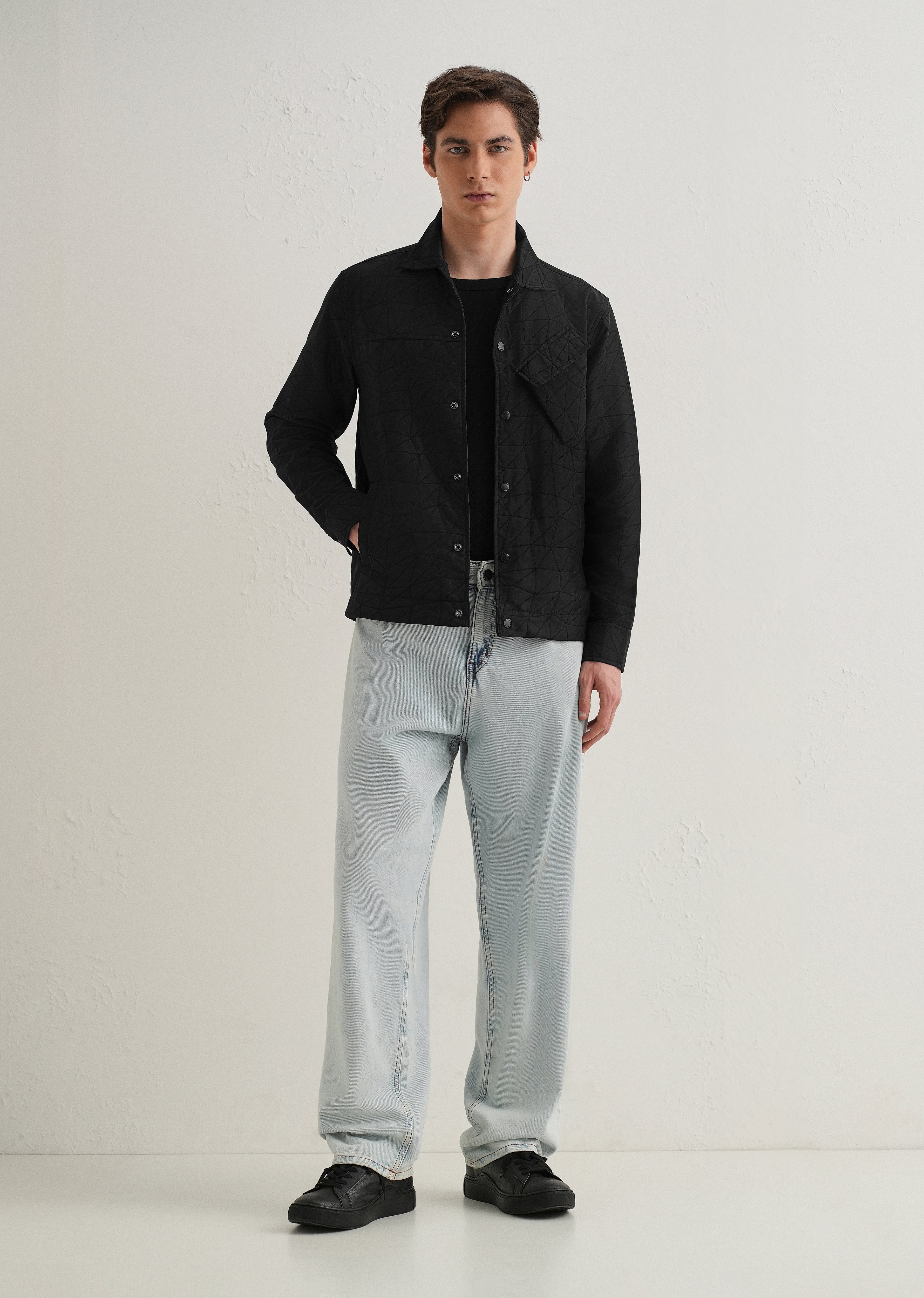 Noir Black Cross Pocket Self Pattern Shacket