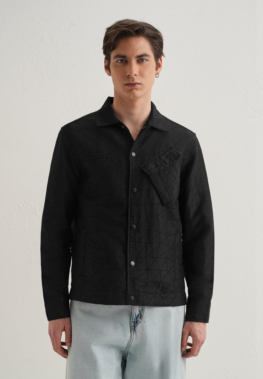 Noir Black Cross Pocket Self Pattern Shacket