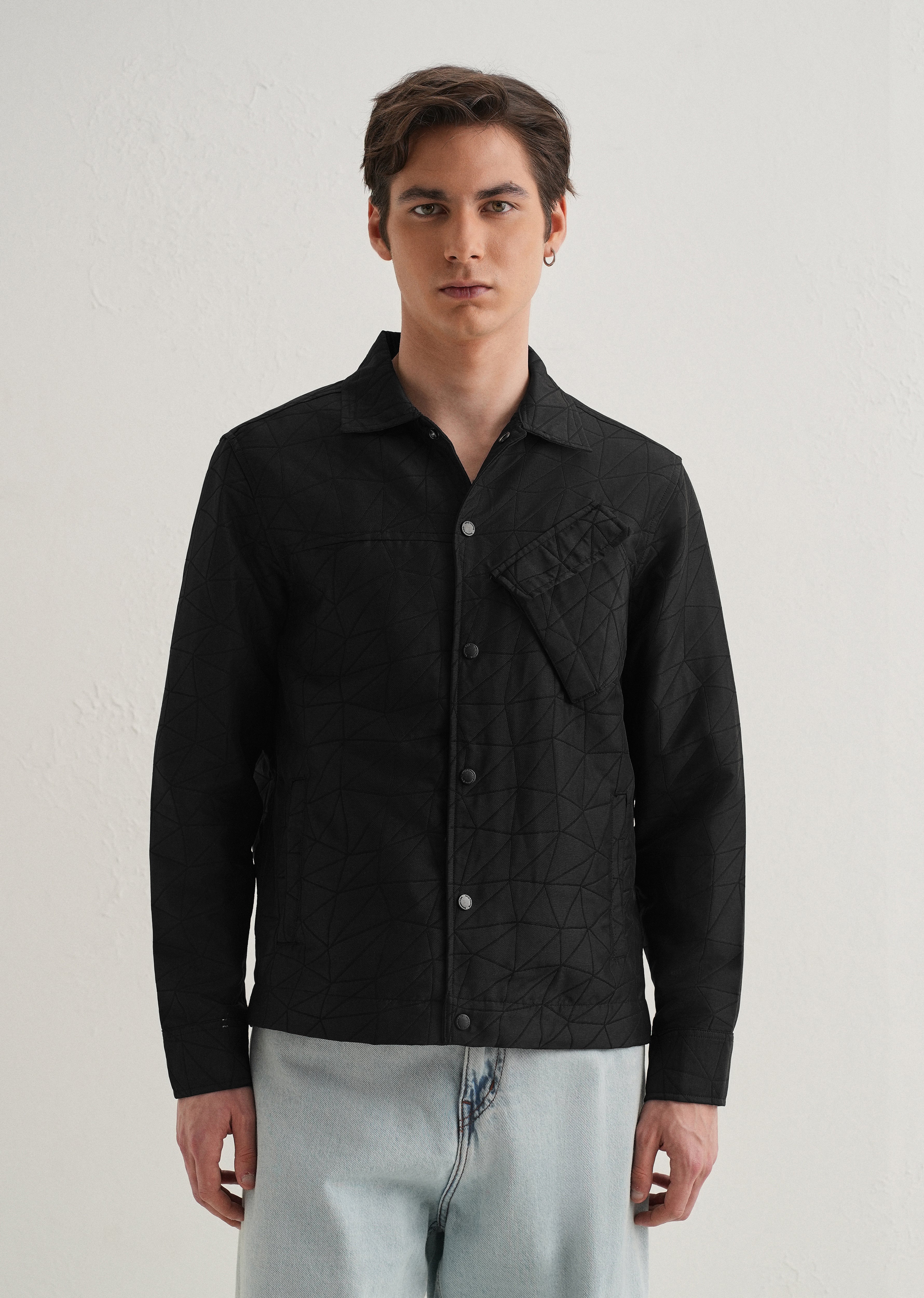 Noir Black Cross Pocket Self Pattern Shacket