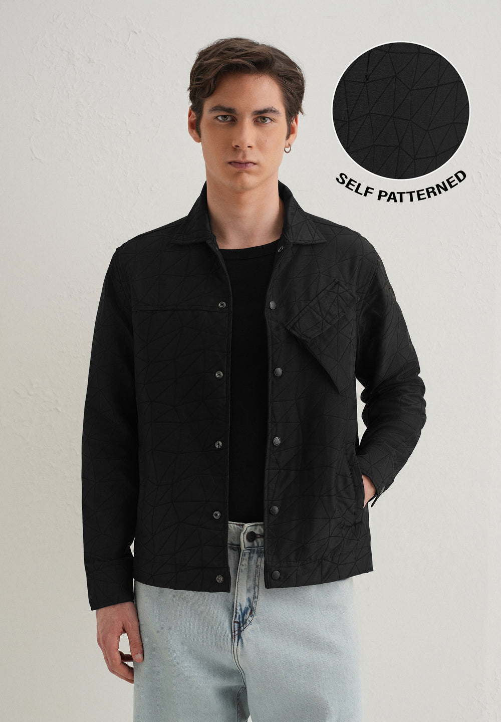 Noir Black Cross Pocket Self Pattern Shacket