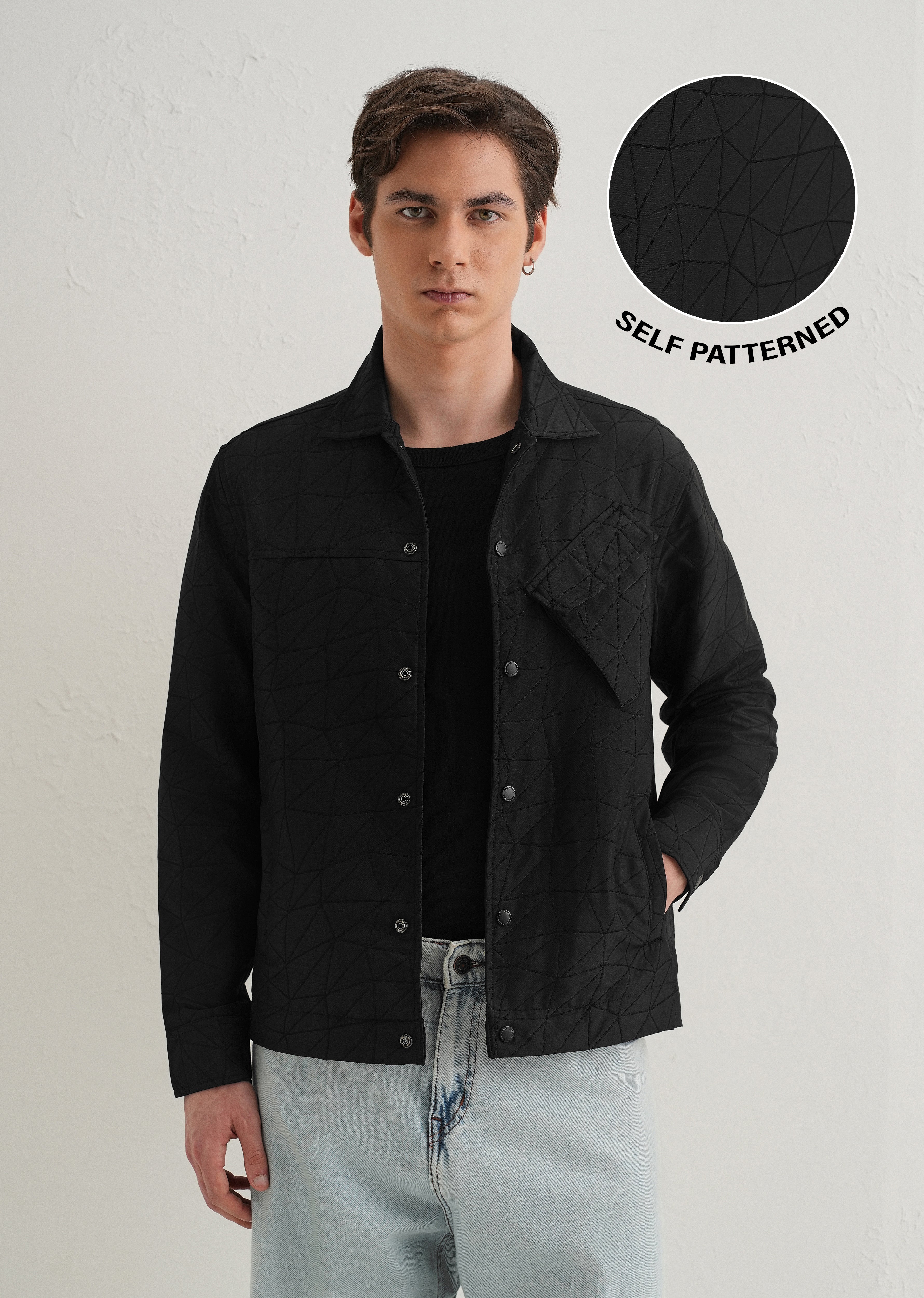 Noir Black Cross Pocket Self Pattern Shacket