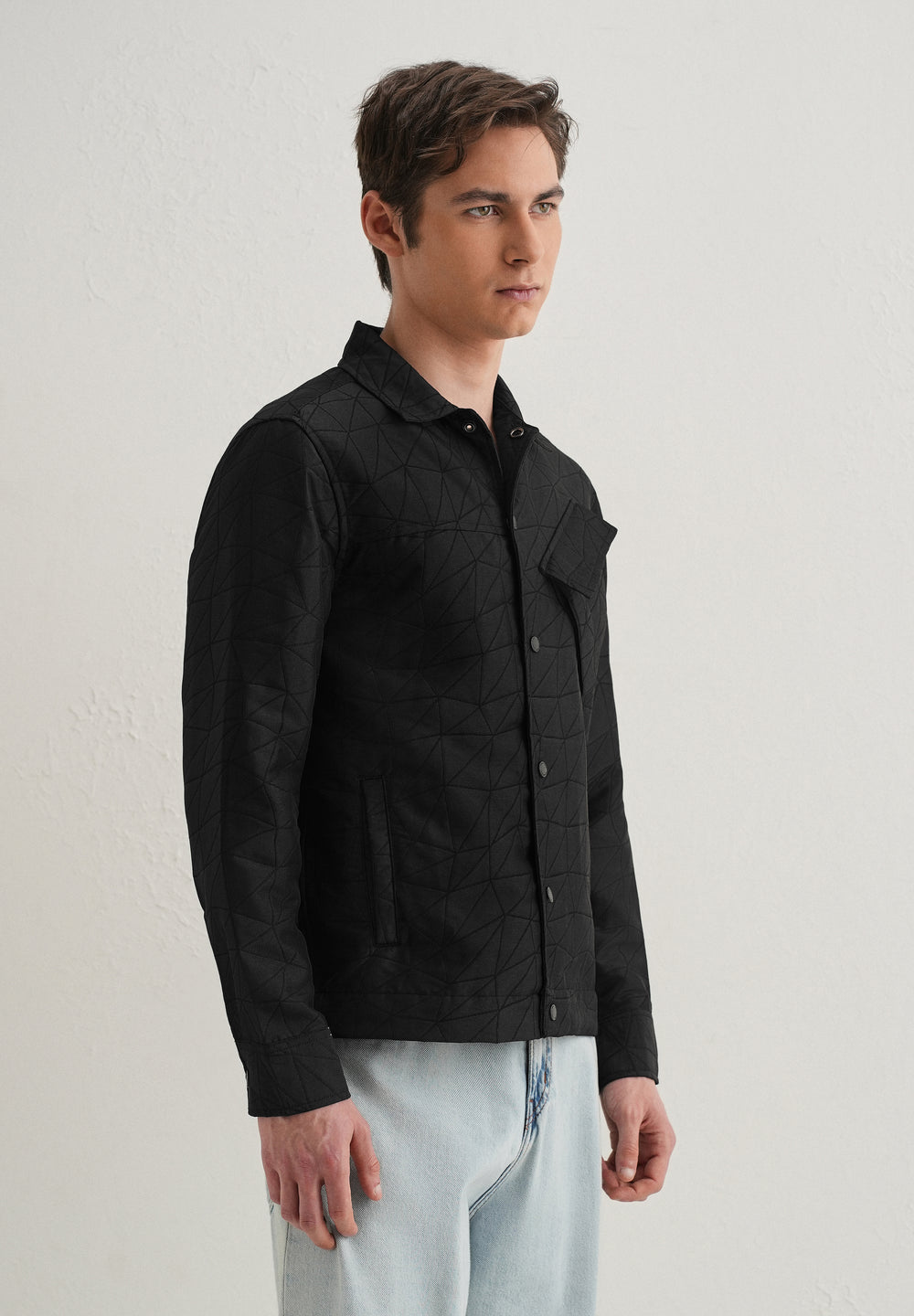 Noir Black Cross Pocket Self Pattern Shacket