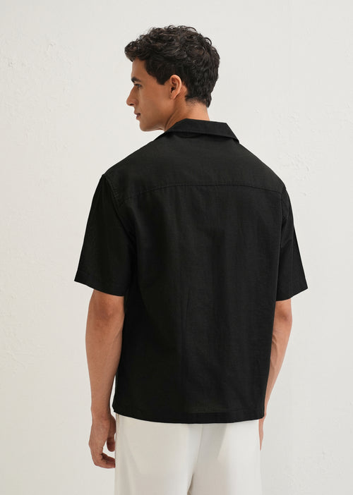 Noir Black Embroidery Cuban Collar Shirt