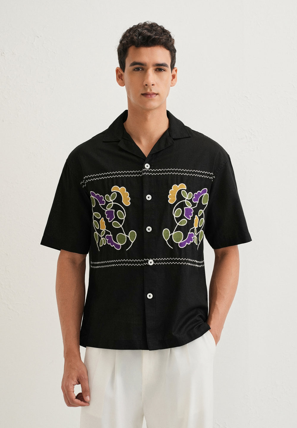 Noir Black Embroidery Cuban Collar Shirt