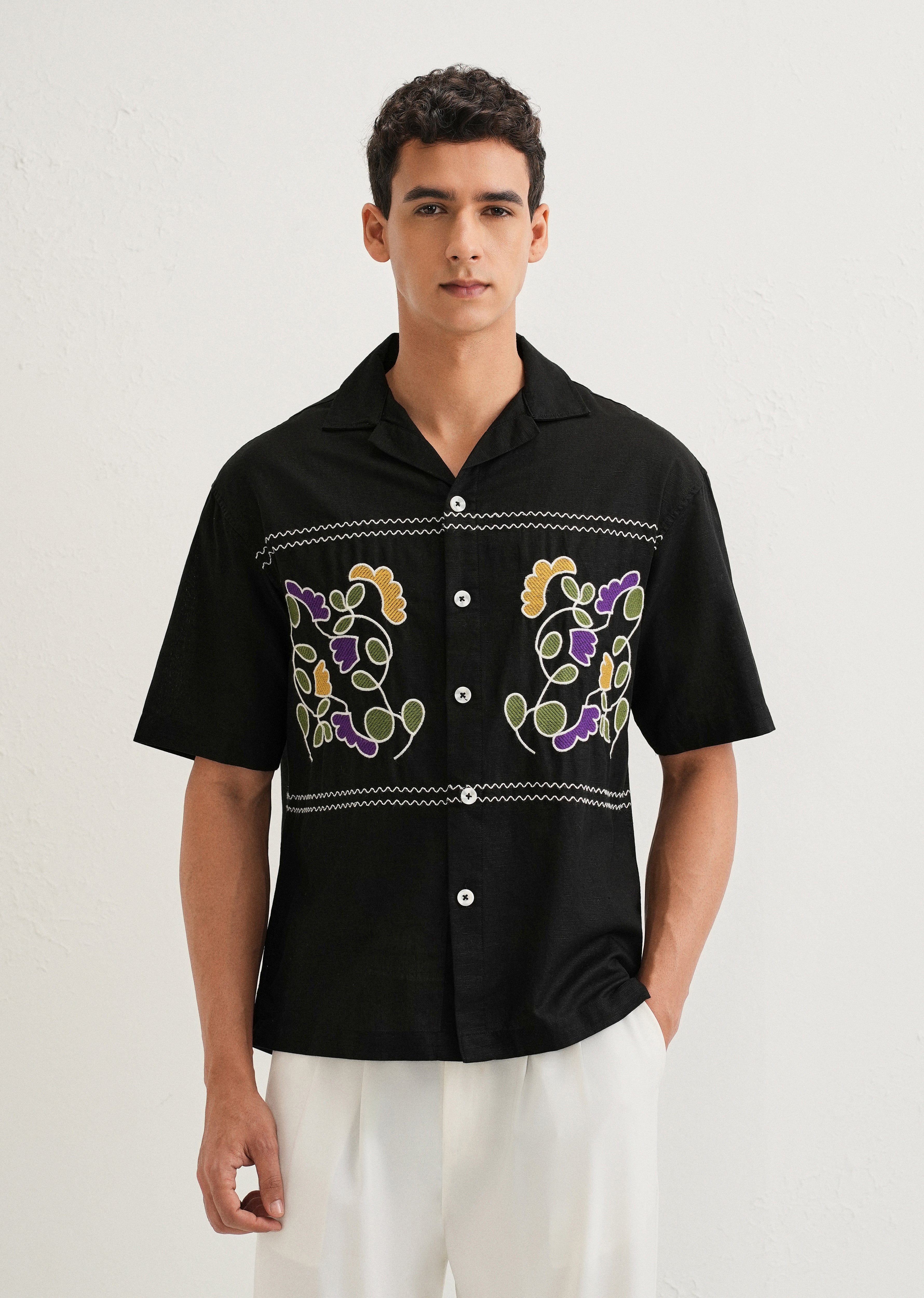 Noir Black Embroidery Cuban Collar Shirt