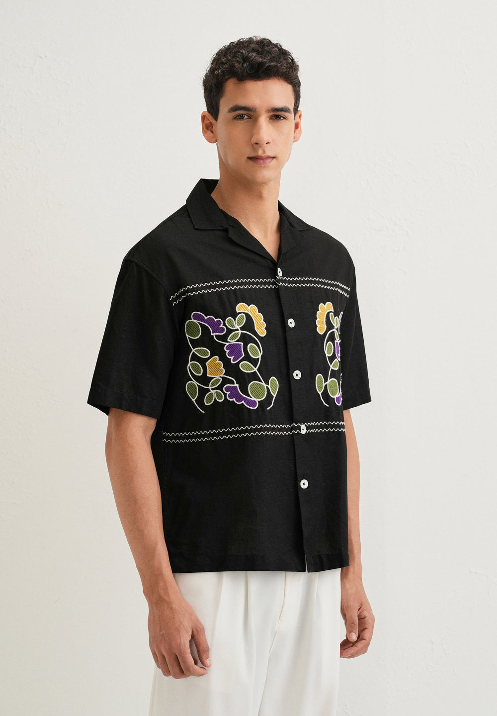 Noir Black Embroidery Cuban Collar Shirt