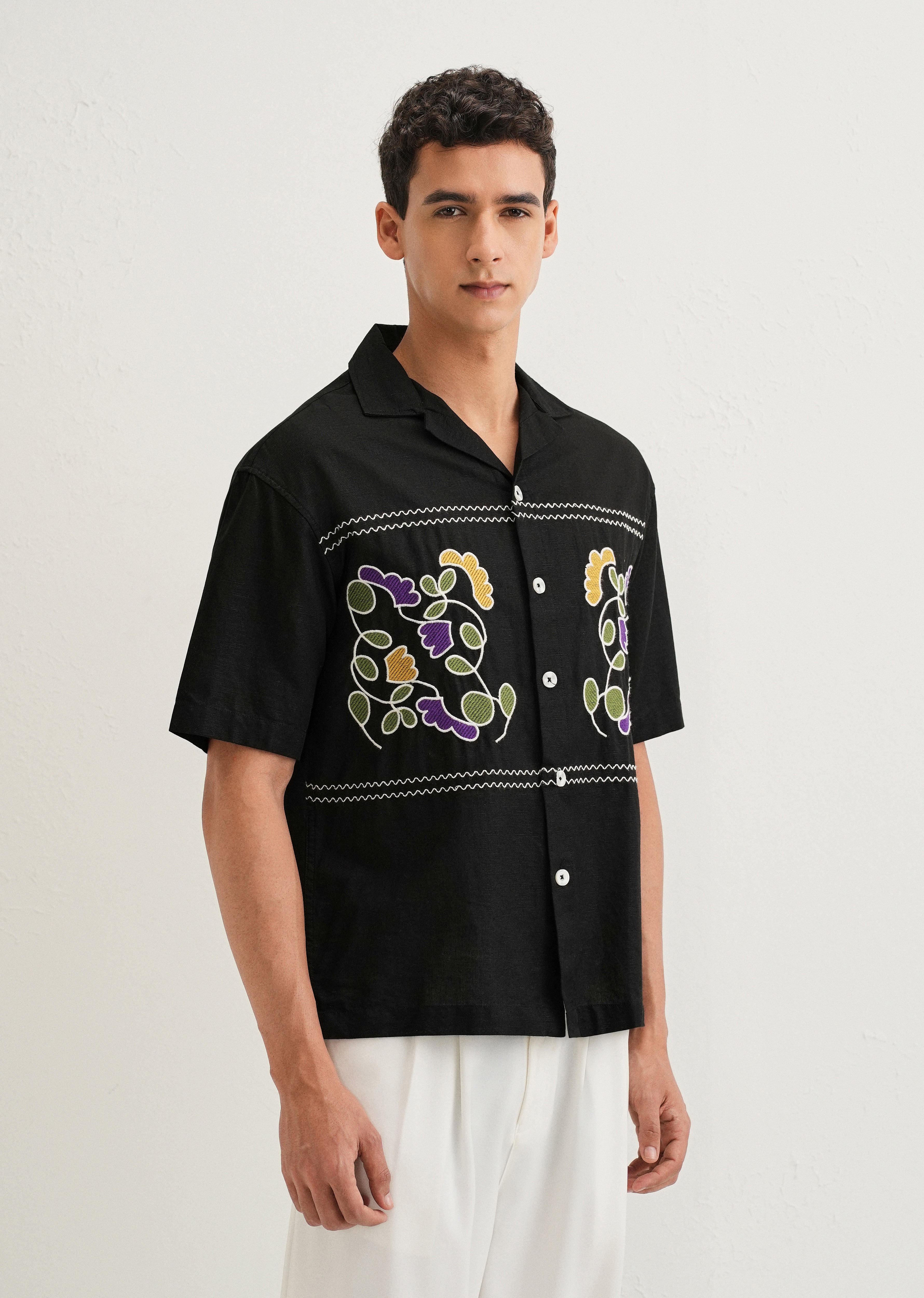 Noir Black Embroidery Cuban Collar Shirt