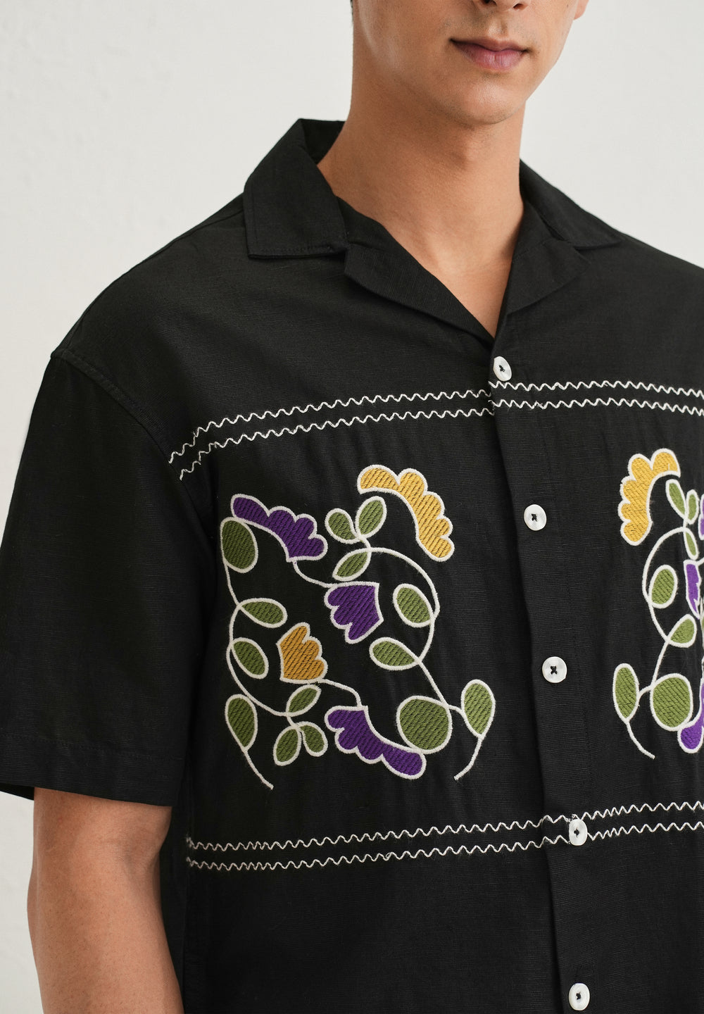 Noir Black Embroidery Cuban Collar Shirt