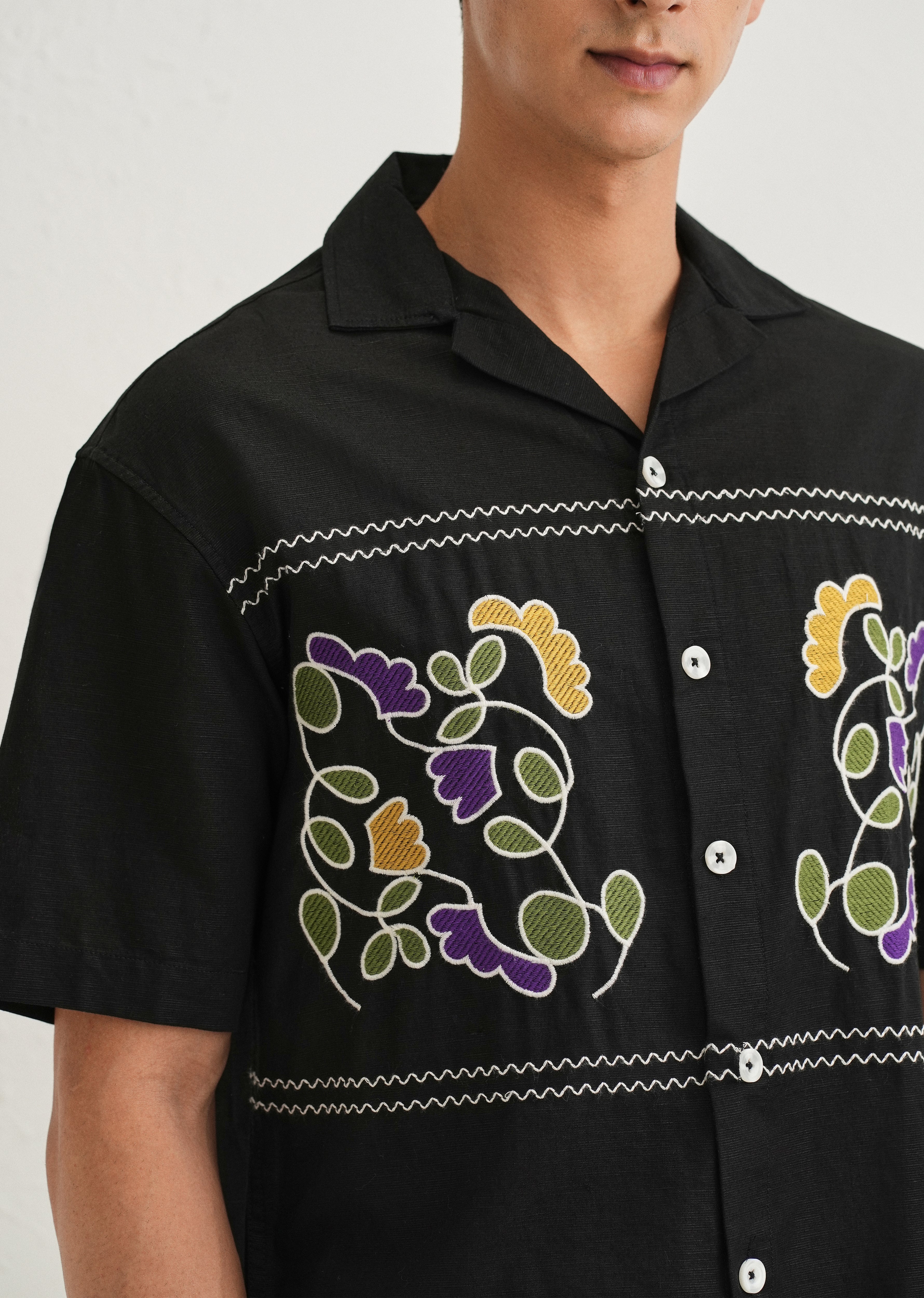 Noir Black Embroidery Cuban Collar Shirt