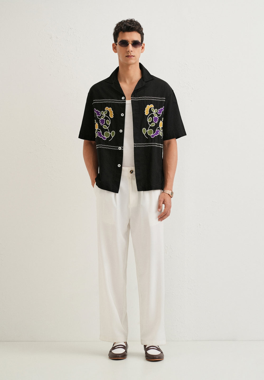 Noir Black Embroidery Cuban Collar Shirt