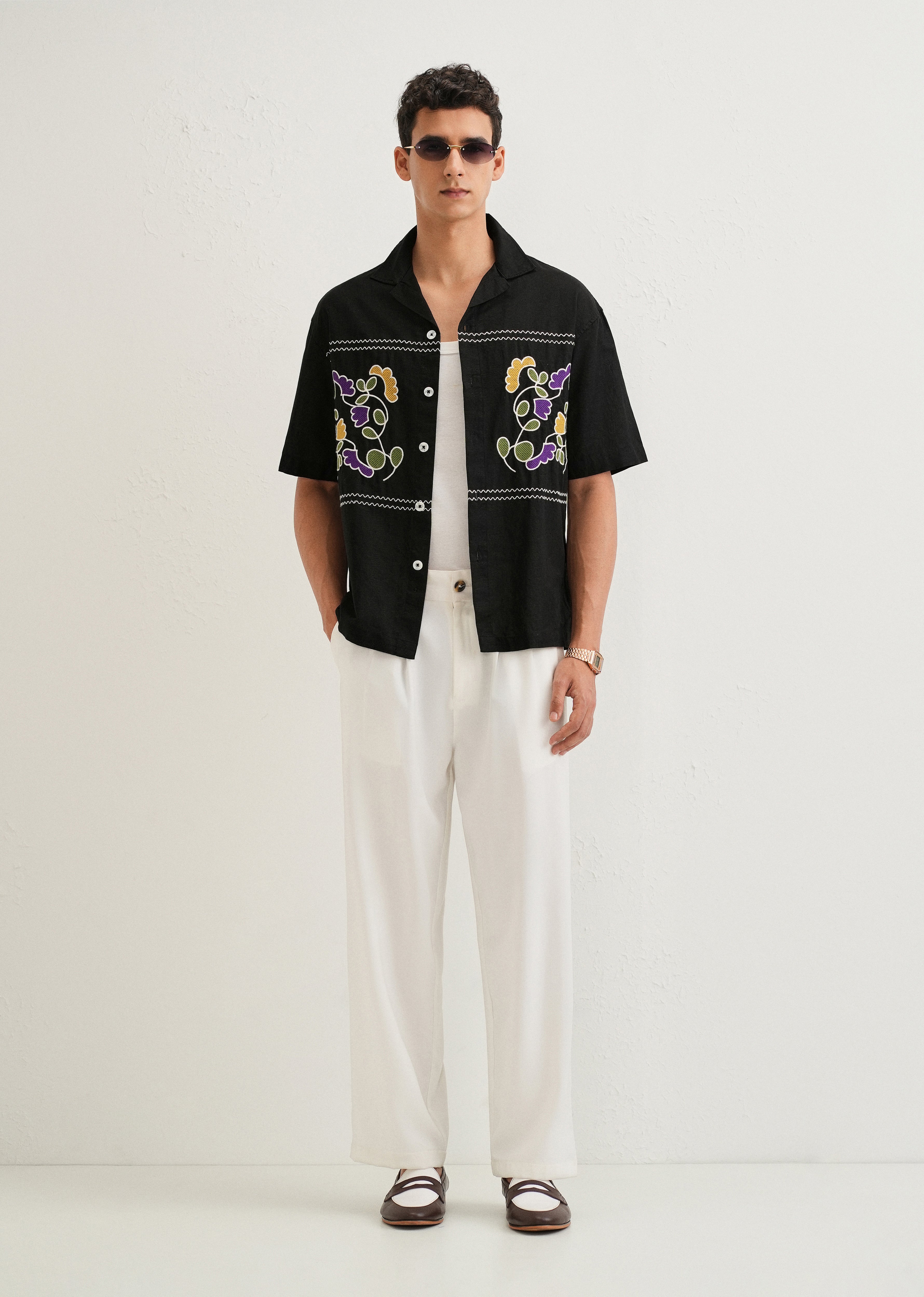 Noir Black Embroidery Cuban Collar Shirt