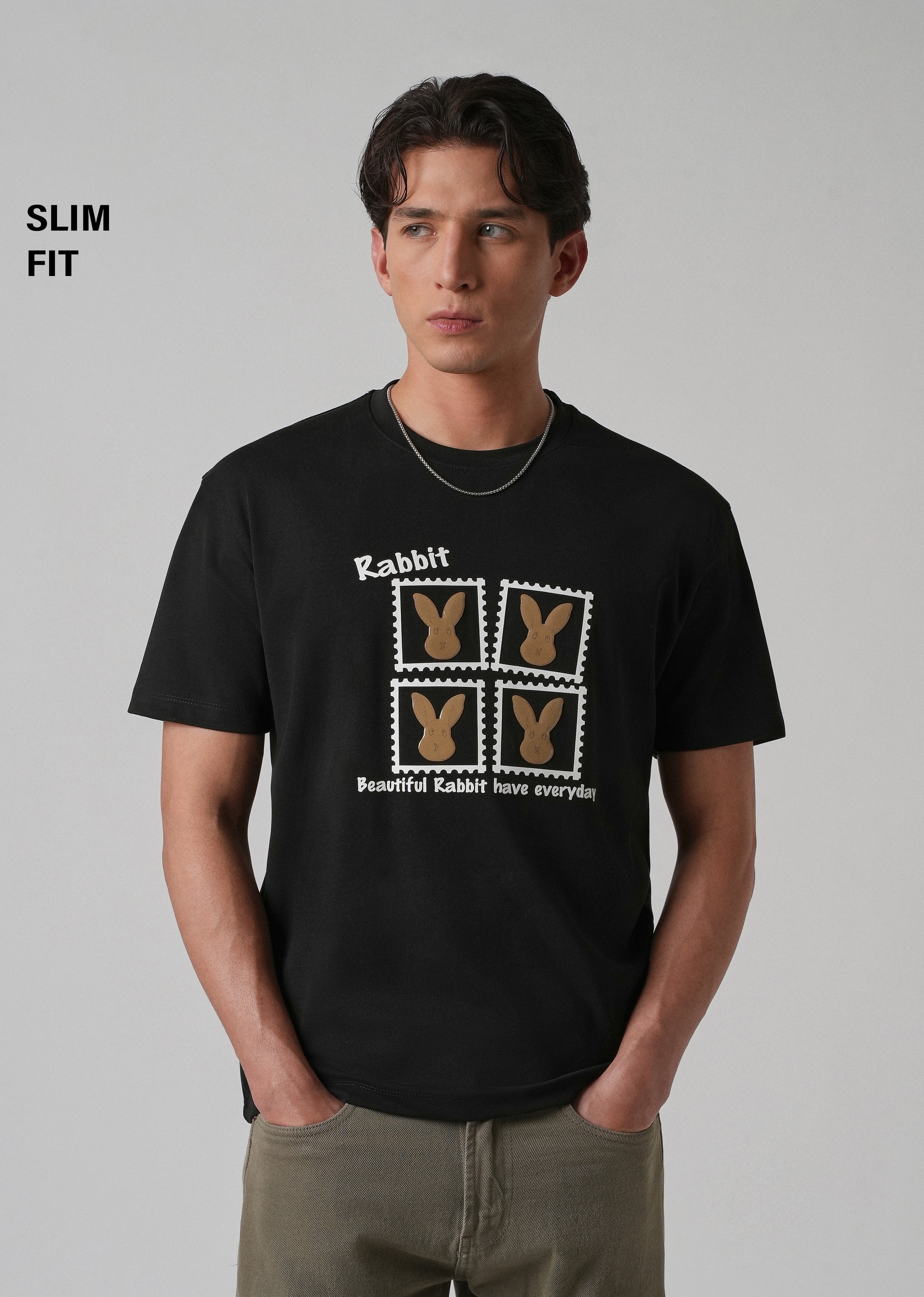 Noir Black Embossed Printed Slim Fit T-shirt