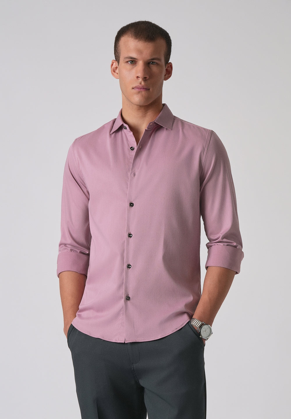 Nude Pink Cotton Stretch Plain Shirt