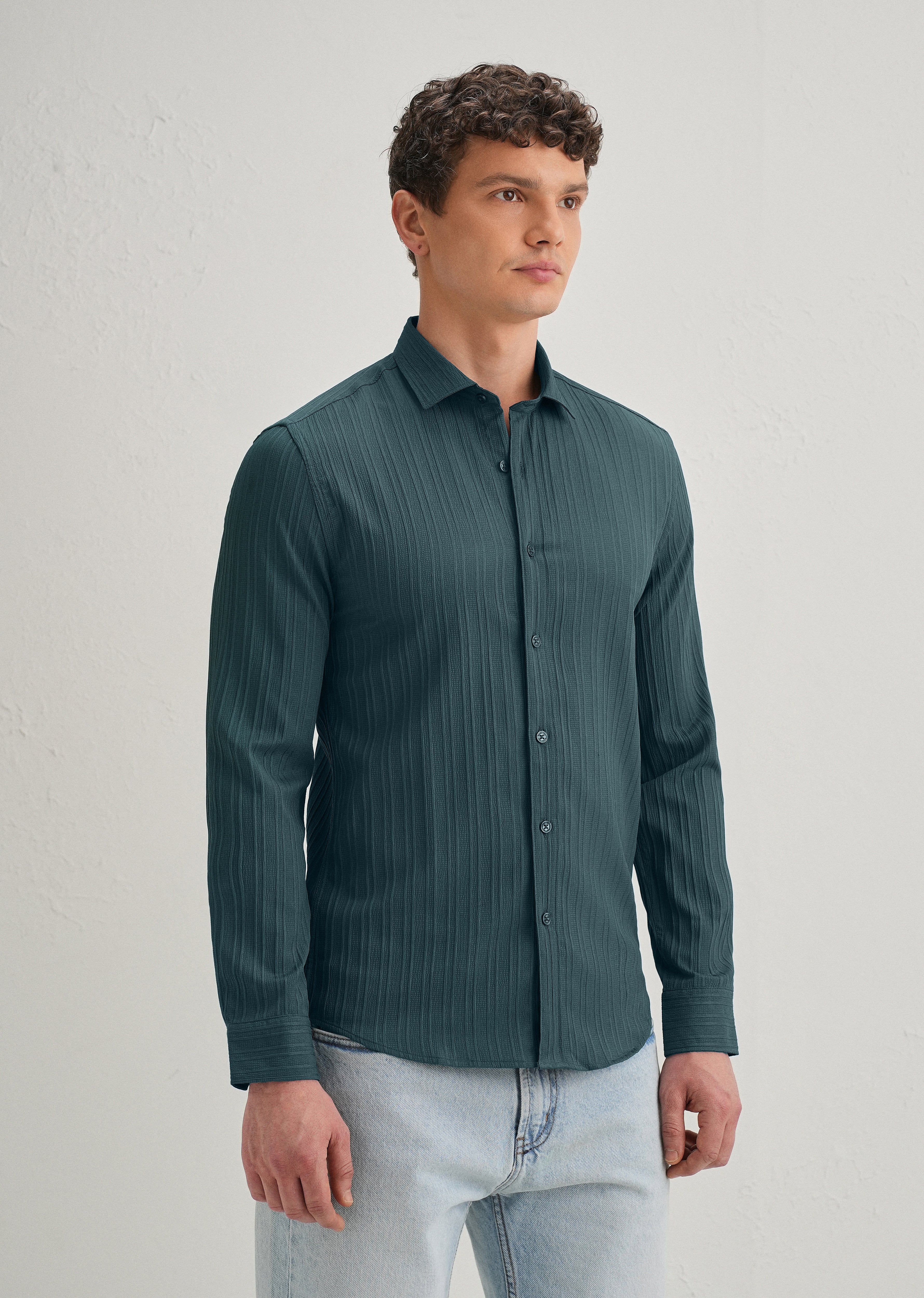 Ocean Green Plain Self Striped Shirt