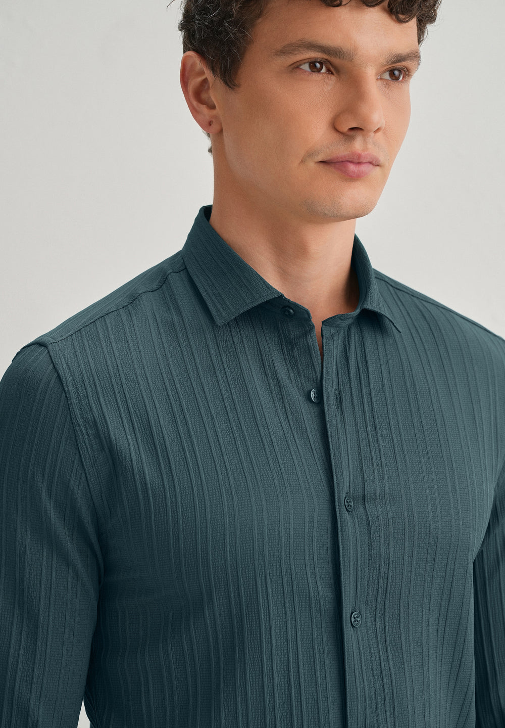 Ocean Green Plain Self Striped Shirt