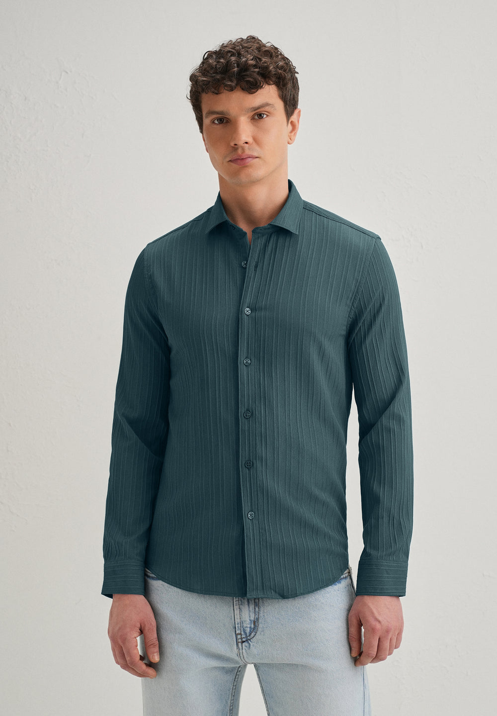 Ocean Green Plain Self Striped Shirt