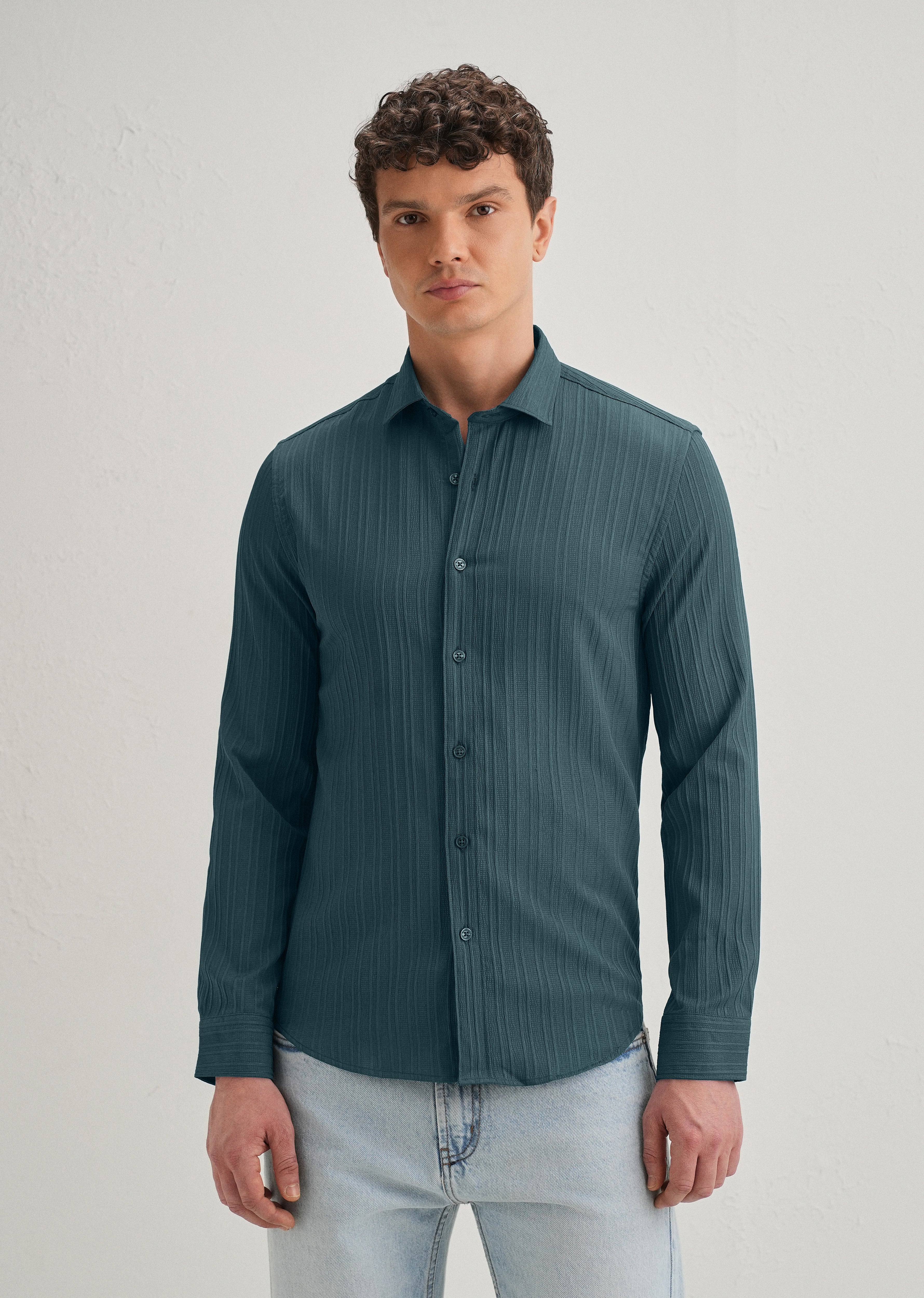 Ocean Green Plain Self Striped Shirt