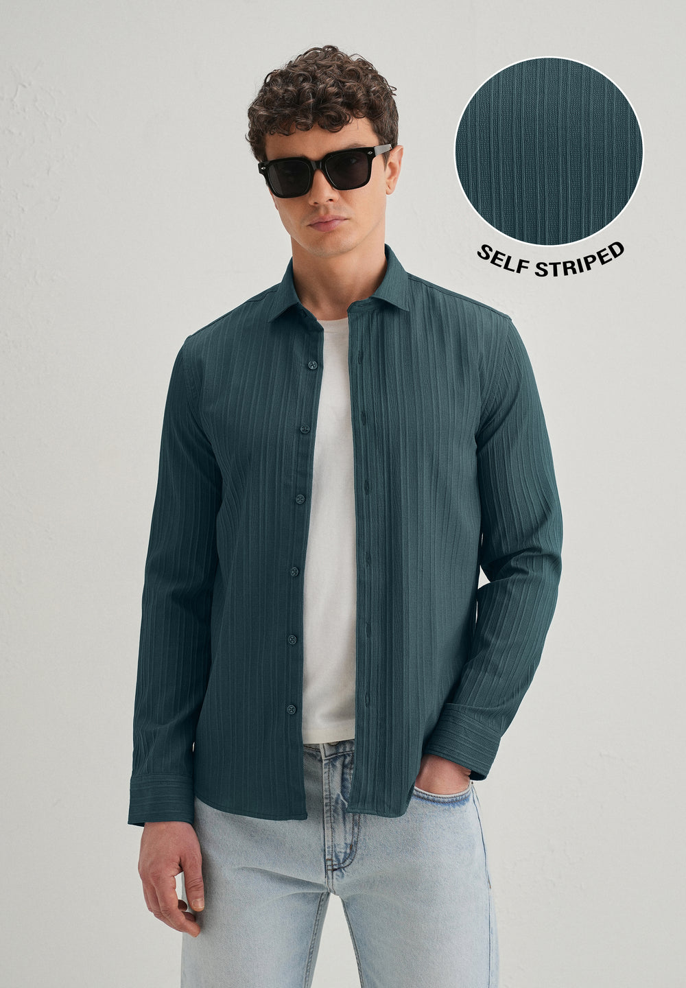 Ocean Green Plain Self Striped Shirt