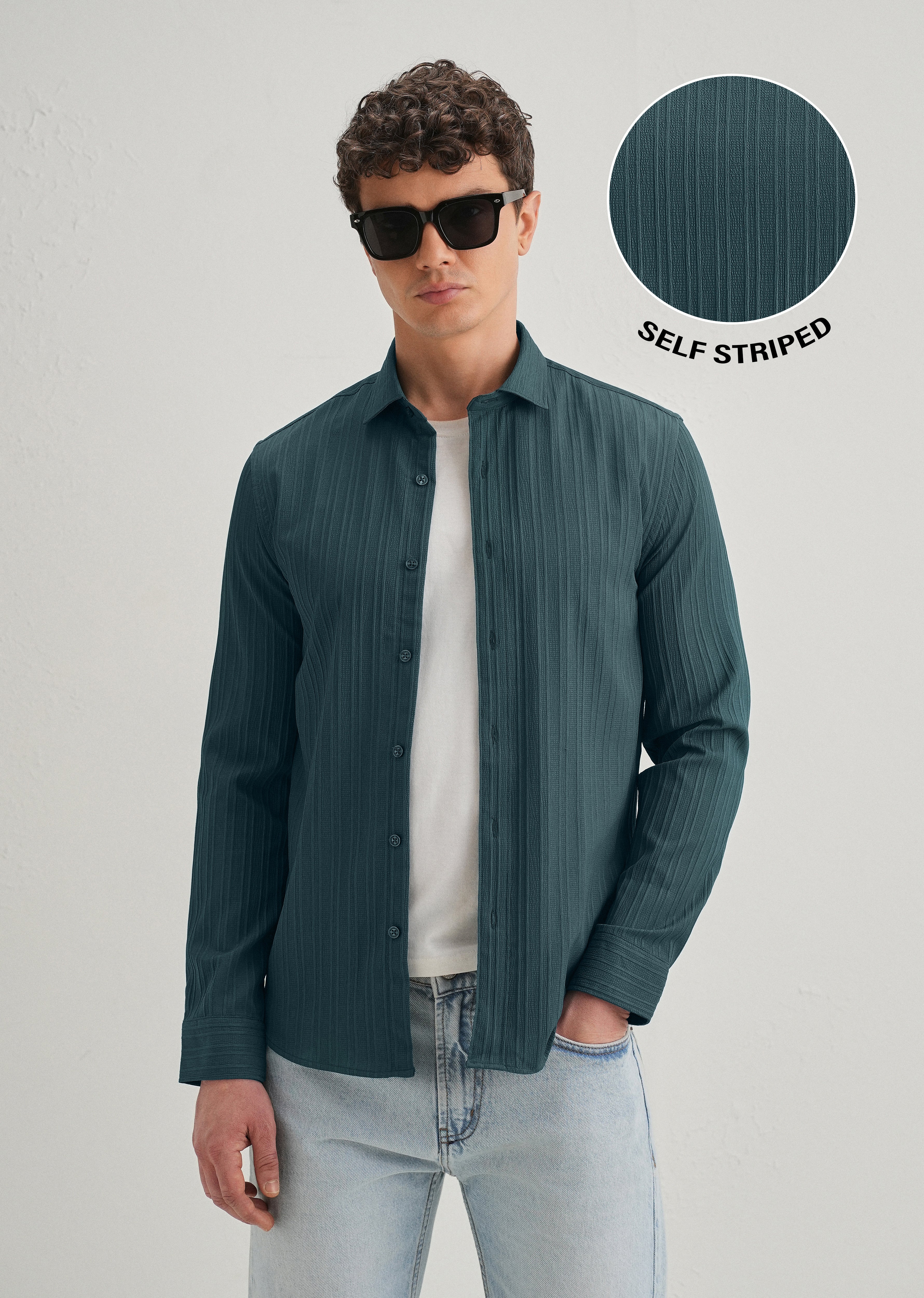 Ocean Green Plain Self Striped Shirt