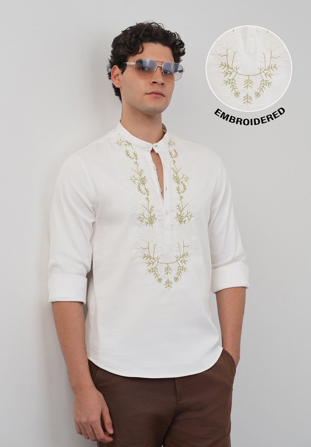Off-White Floral Embroidered Short Kurta