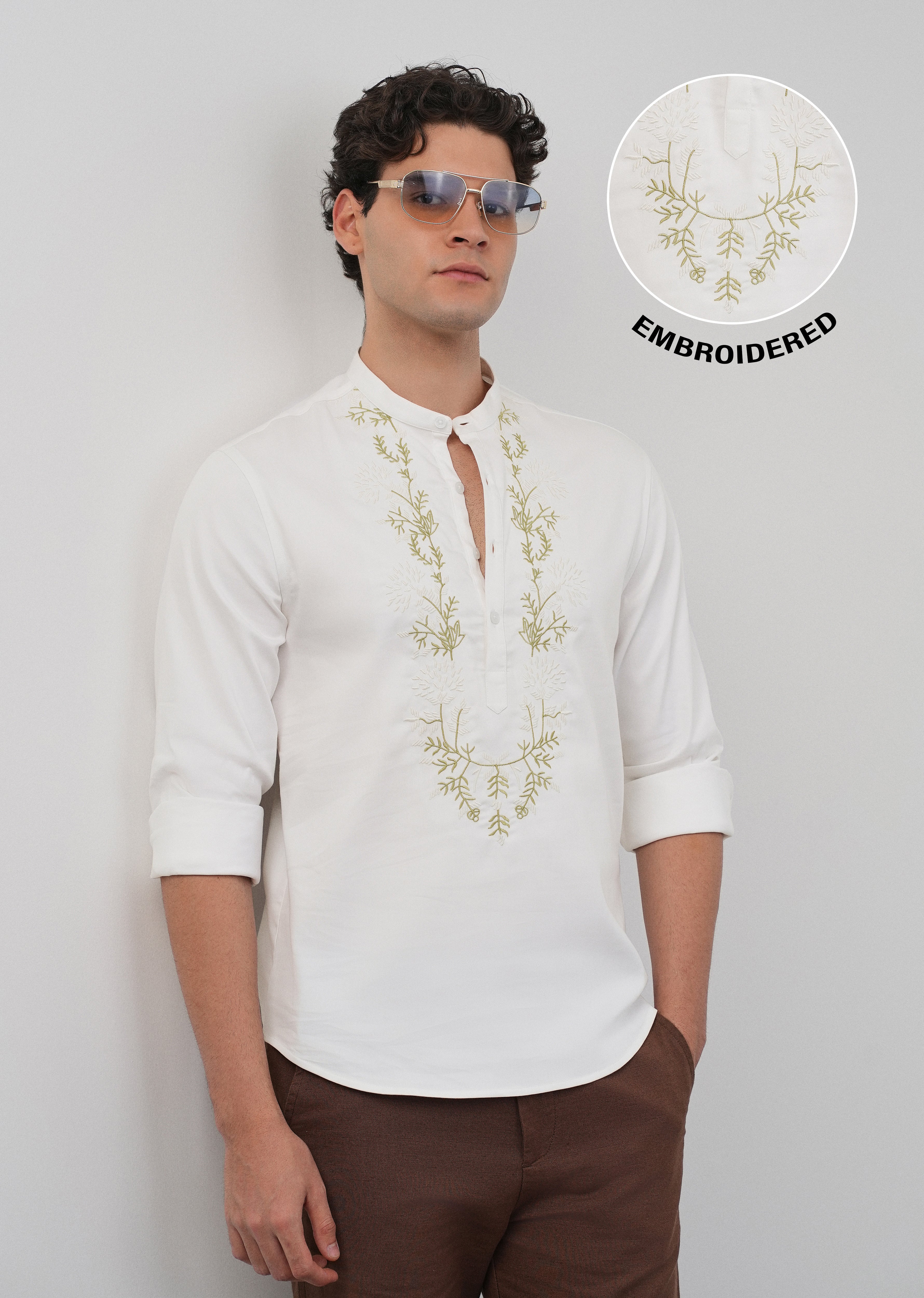 Off-White Floral Embroidered Short Kurta