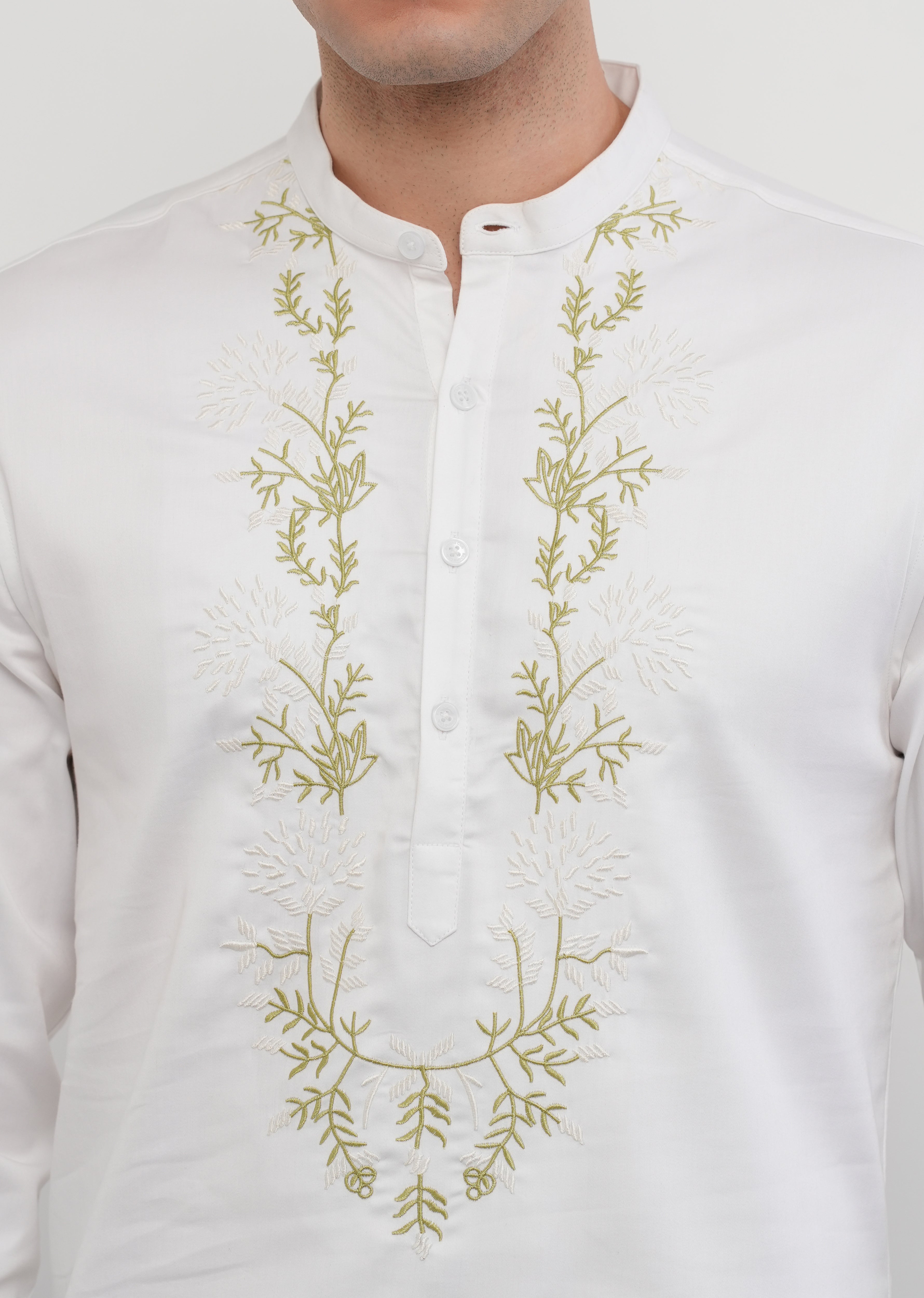 Off-White Floral Embroidered Short Kurta