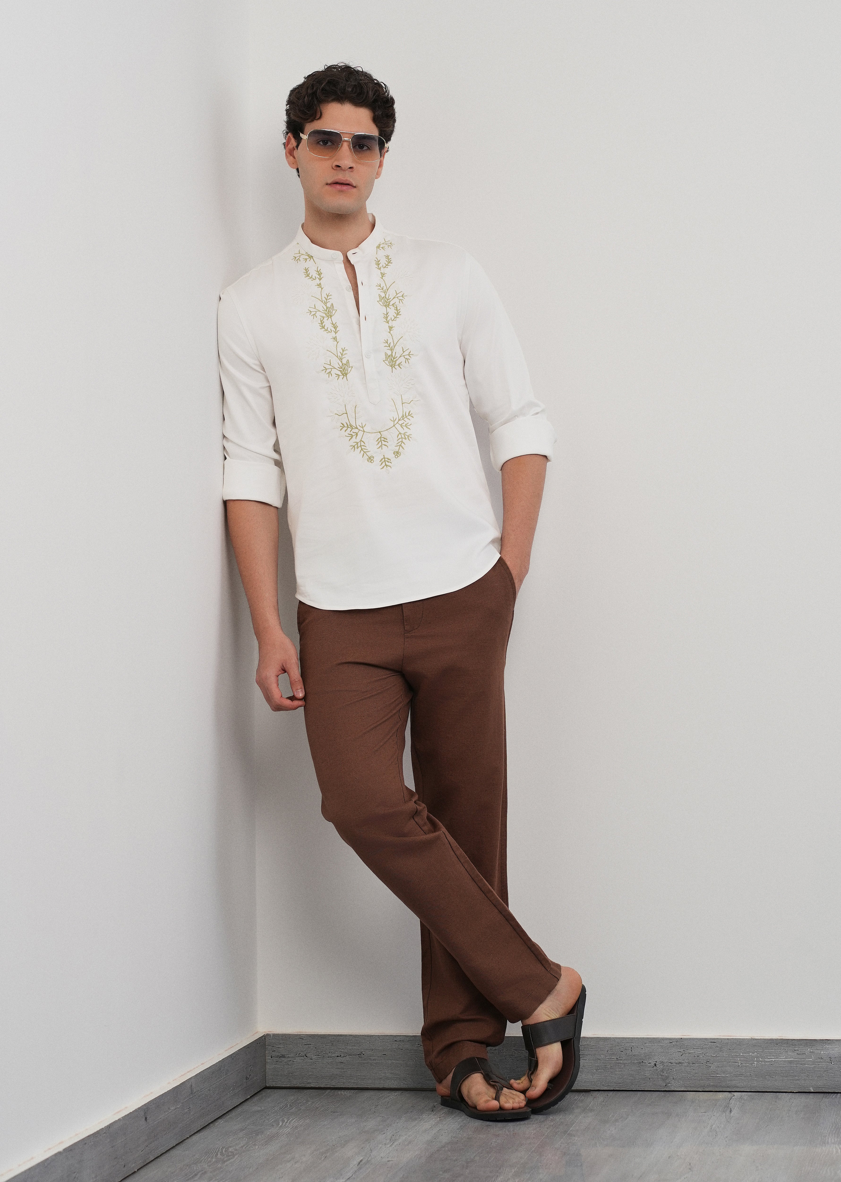 Off-White Floral Embroidered Short Kurta