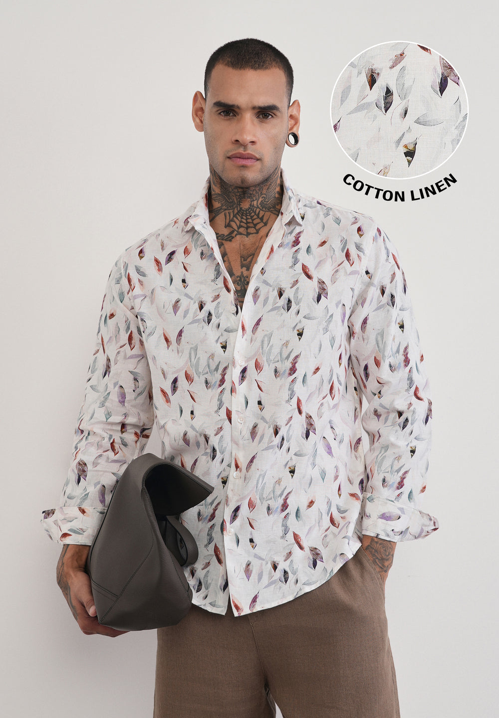 Off-White Leaf Print Cotton Linen Shirt