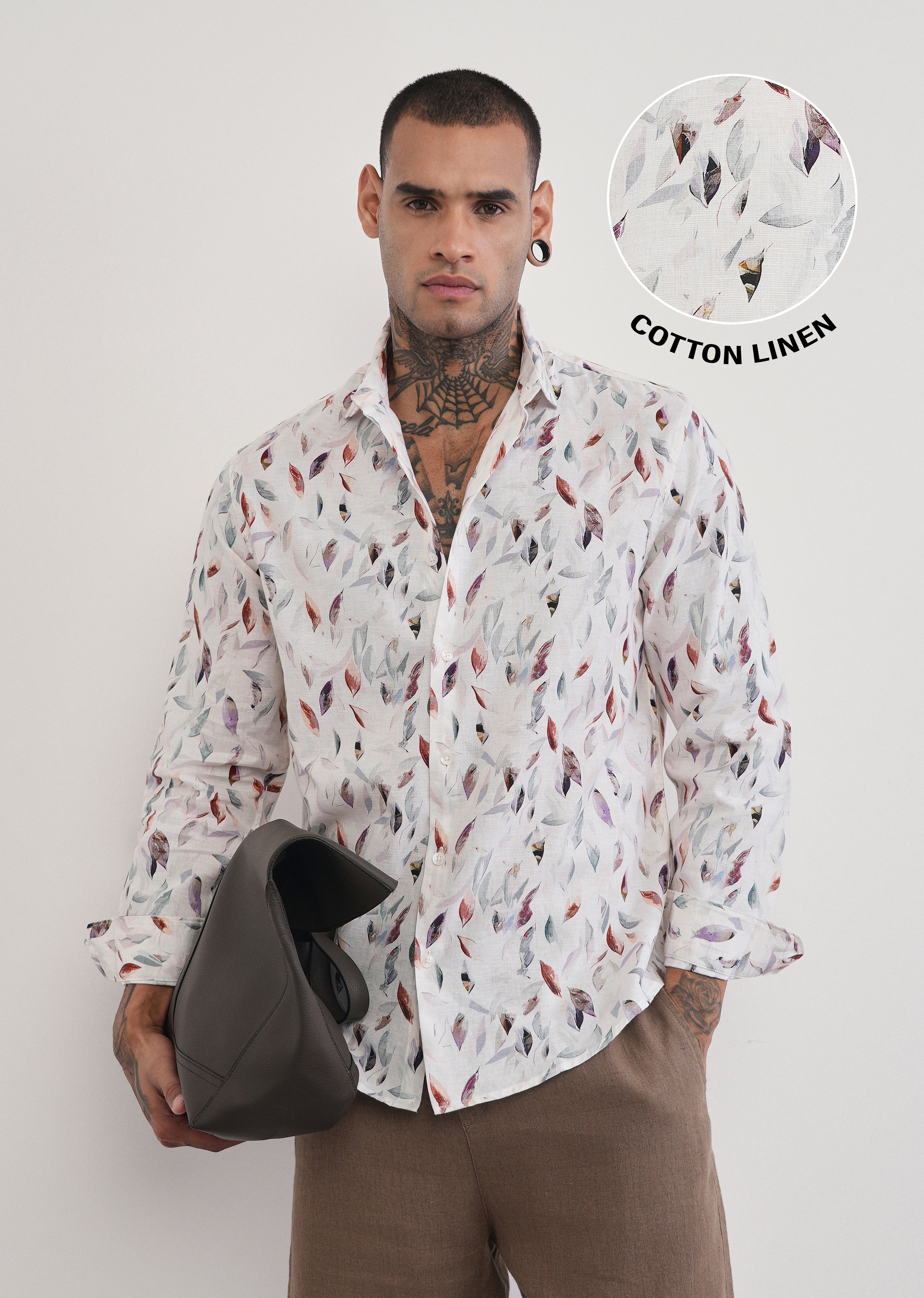 Off-White Leaf Print Cotton Linen Shirt