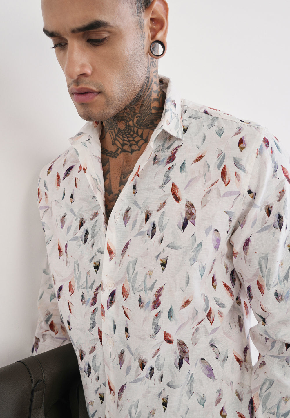 Off-White Leaf Print Cotton Linen Shirt