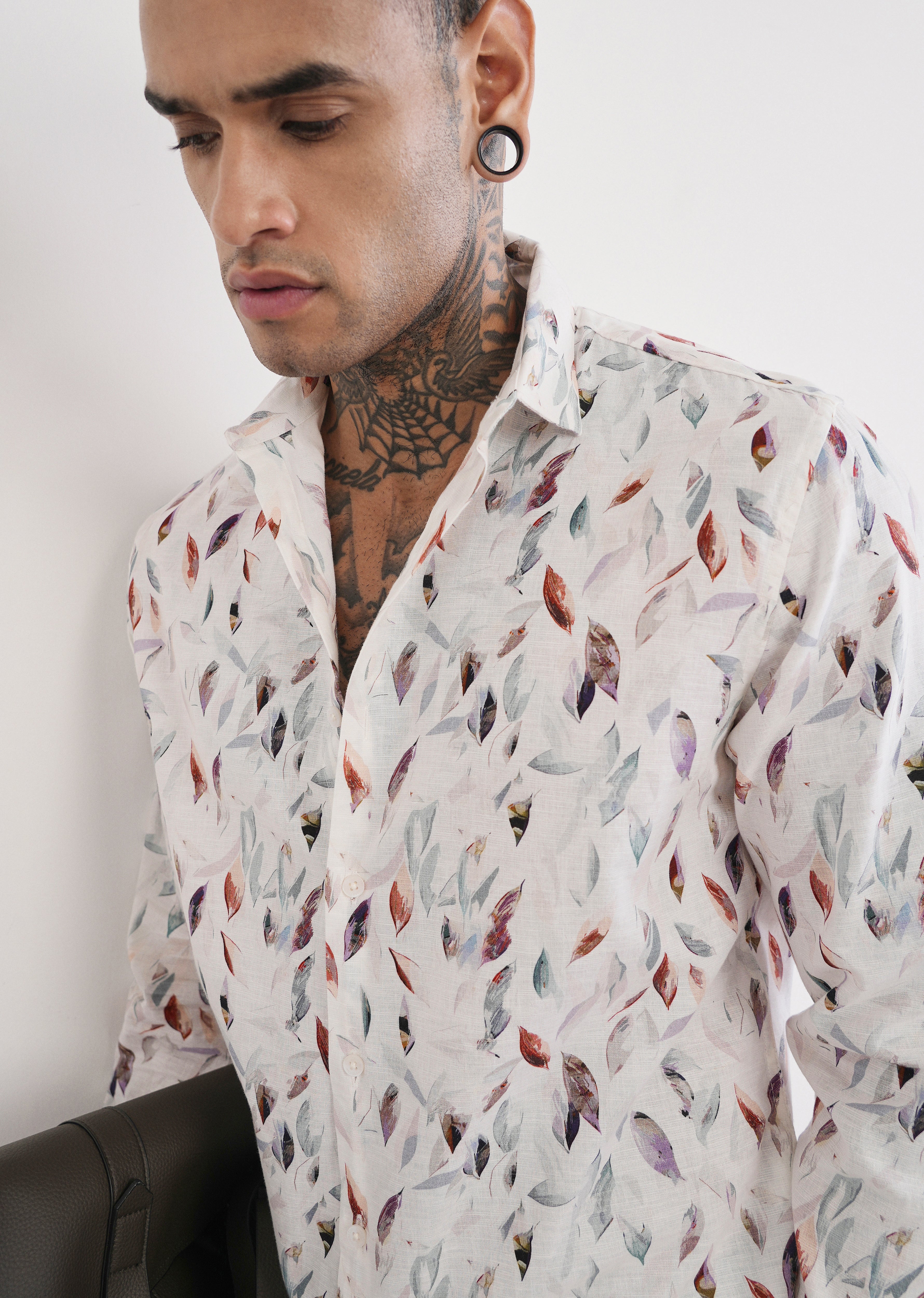 Off-White Leaf Print Cotton Linen Shirt