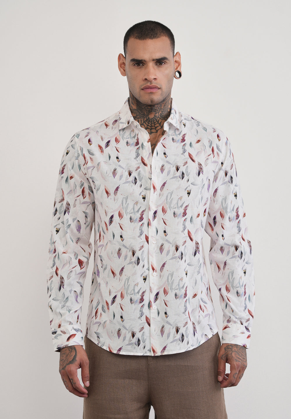 Off-White Leaf Print Cotton Linen Shirt
