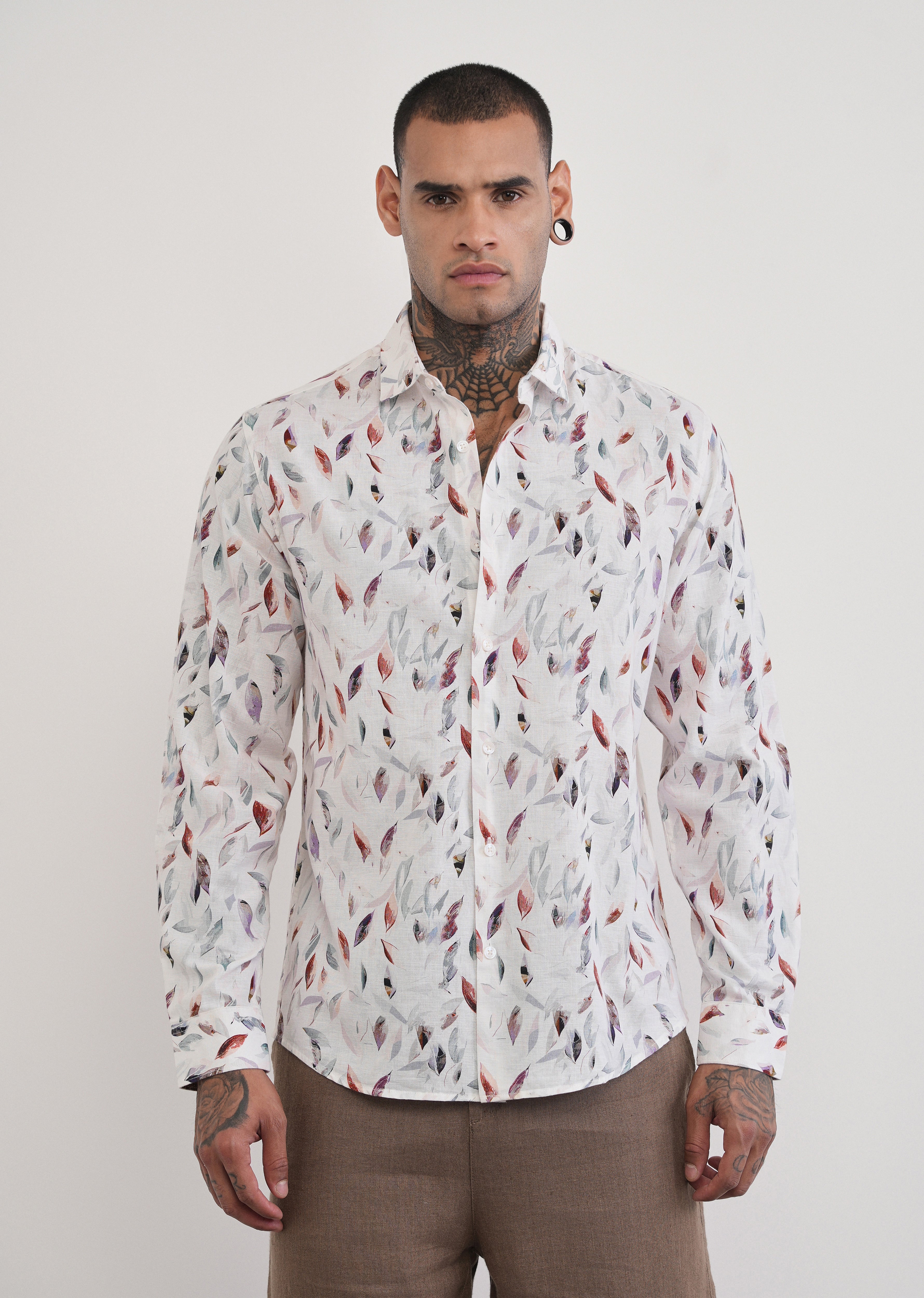 Off-White Leaf Print Cotton Linen Shirt