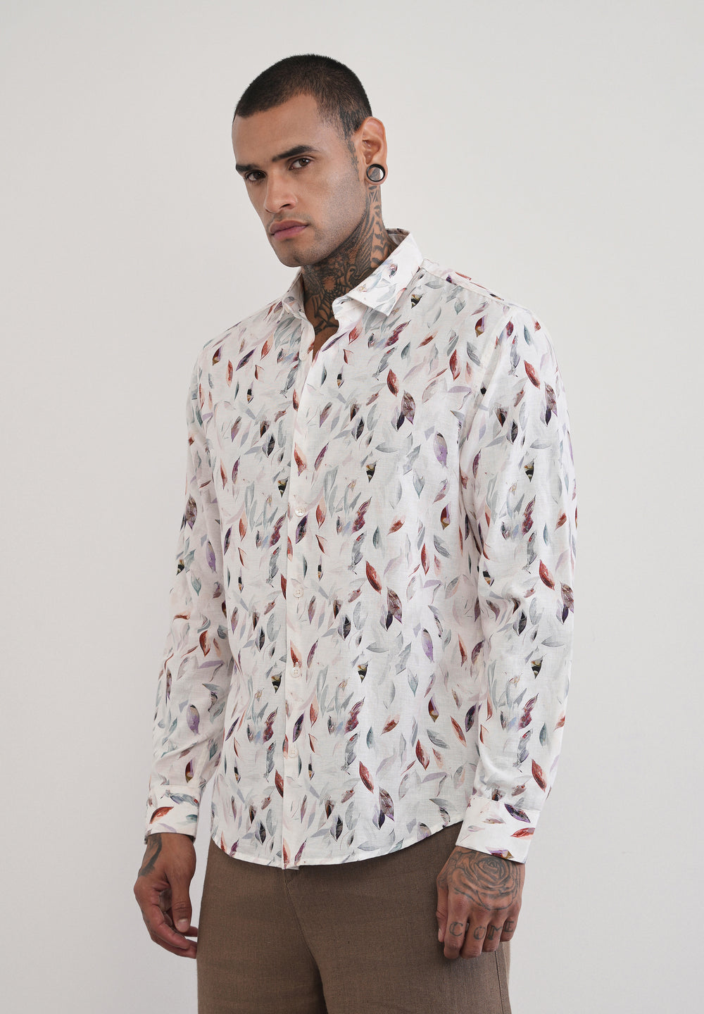Off-White Leaf Print Cotton Linen Shirt