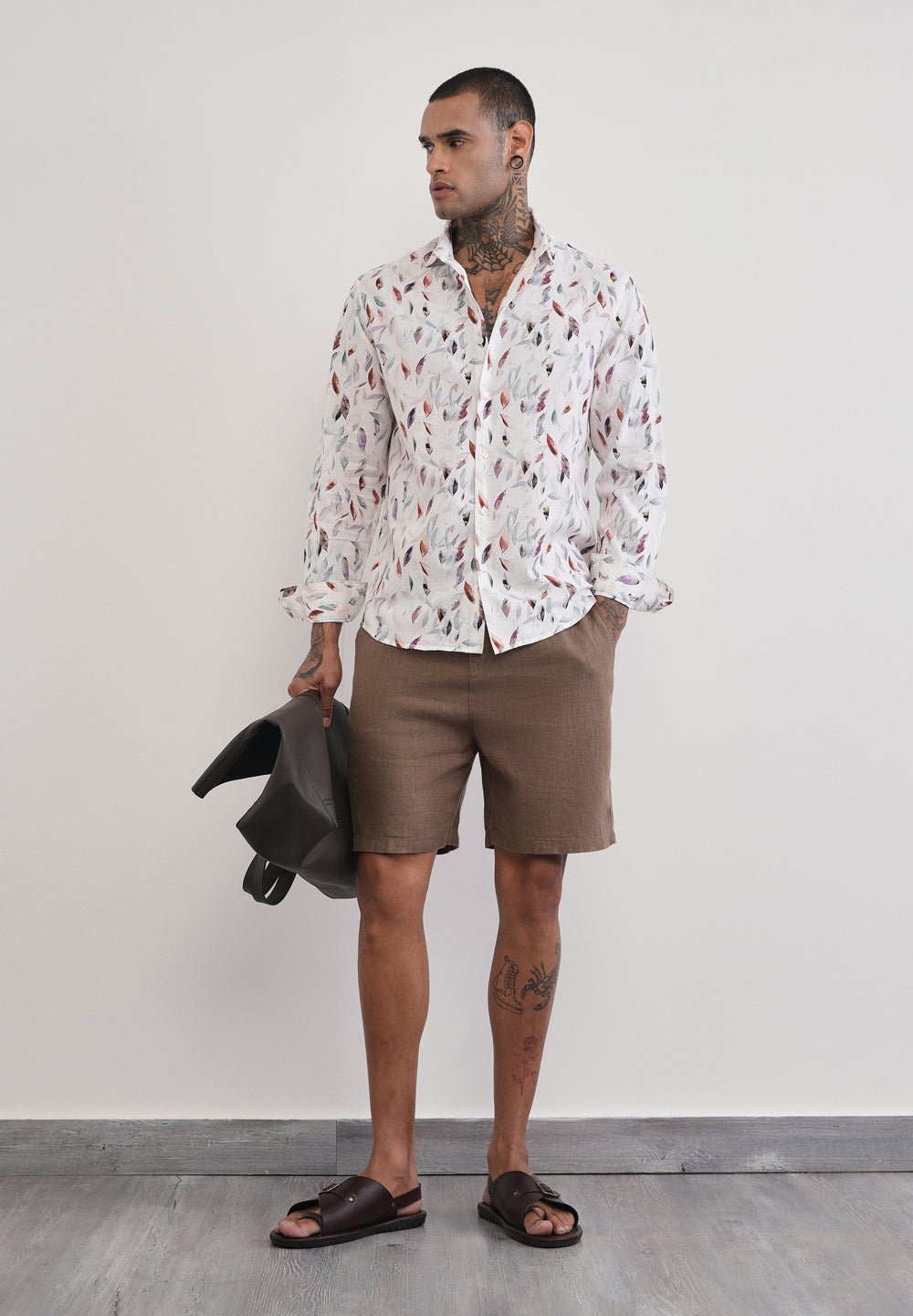 Off-White Leaf Print Cotton Linen Shirt