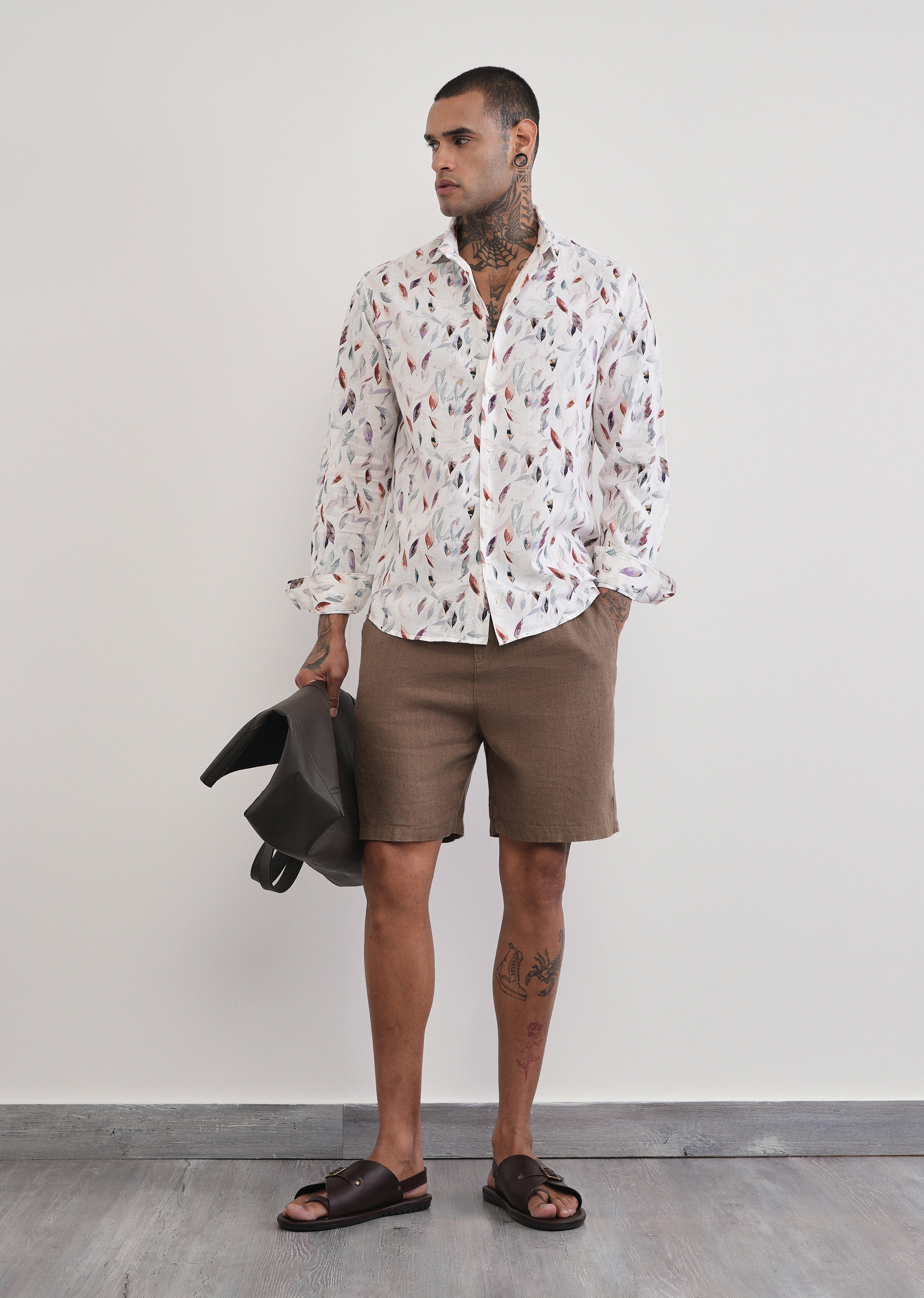 Off-White Leaf Print Cotton Linen Shirt