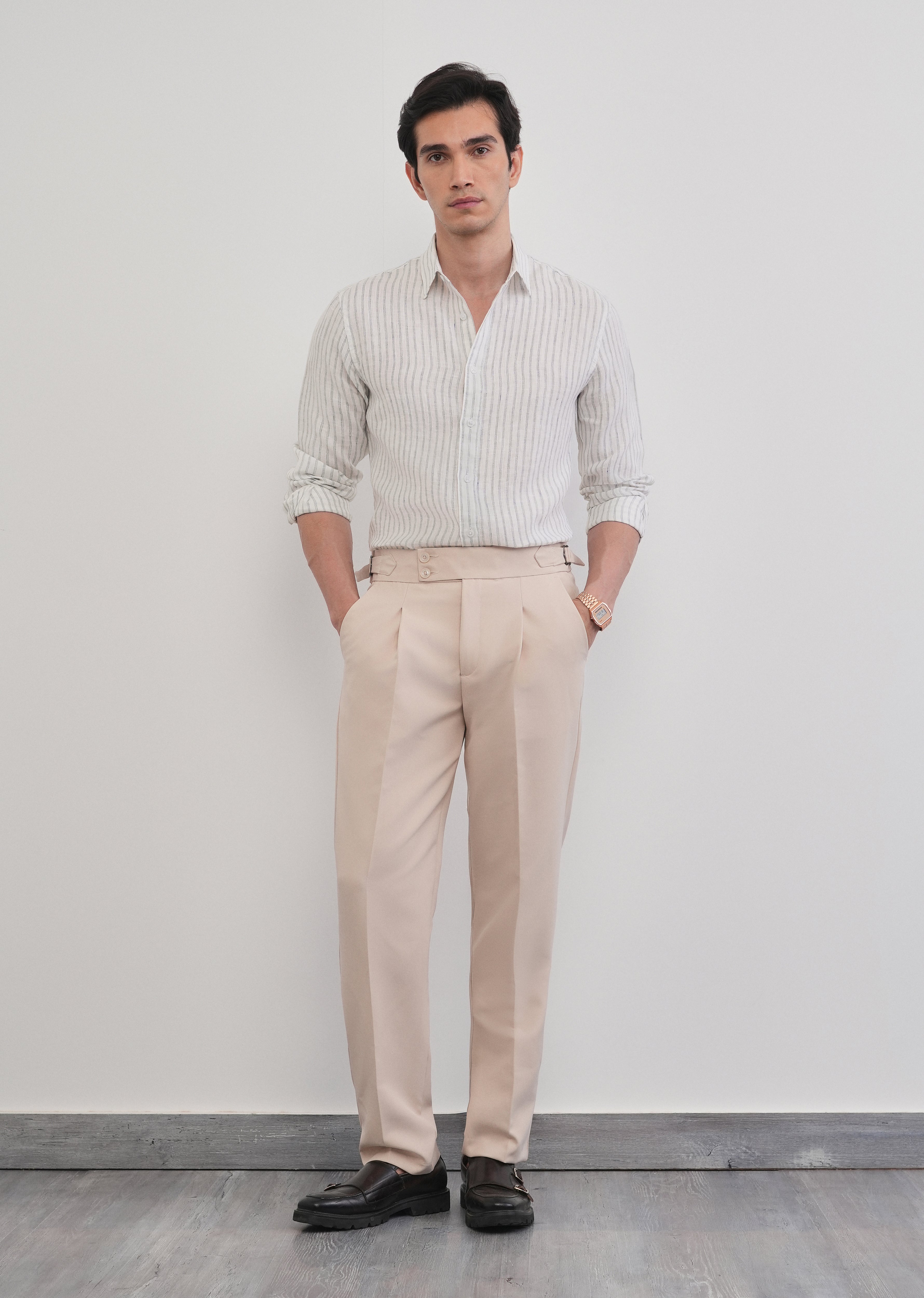 100% Linen Off-White Self-Stripe Shirt